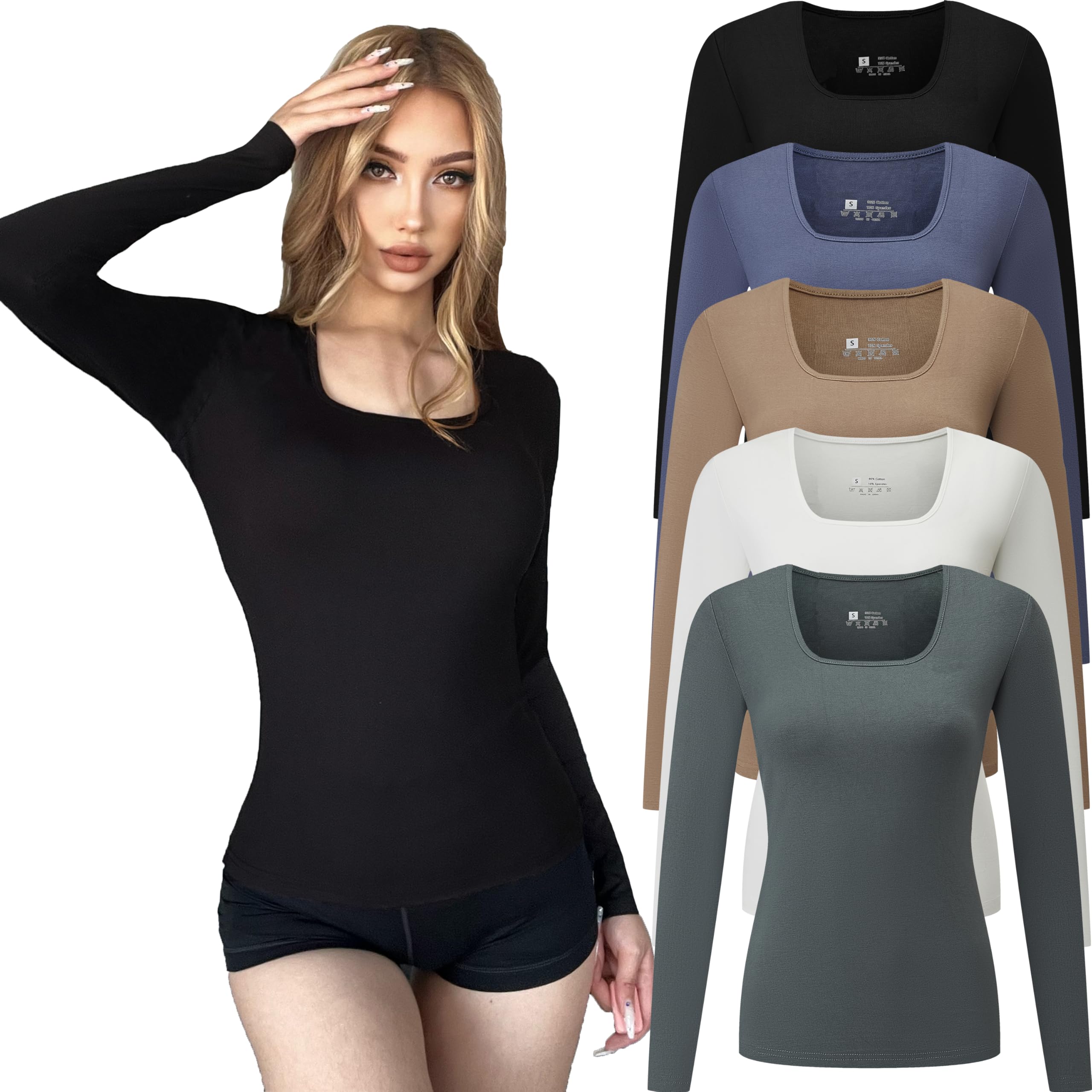 5-Pack Women's Ribbed Long Sleeve Slim Fit Square Neck Bodycon Crop T-Shirts - Sexy Going Out Tops for Clubbing, Date Night & Casual Wear