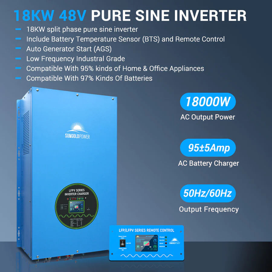 SunGoldPower 18,000W 48V Split Phase Pure Sine Wave Inverter Charger for Home Solar System, RV, Off-Grid Power Backup - High Efficiency Energy Conversion
