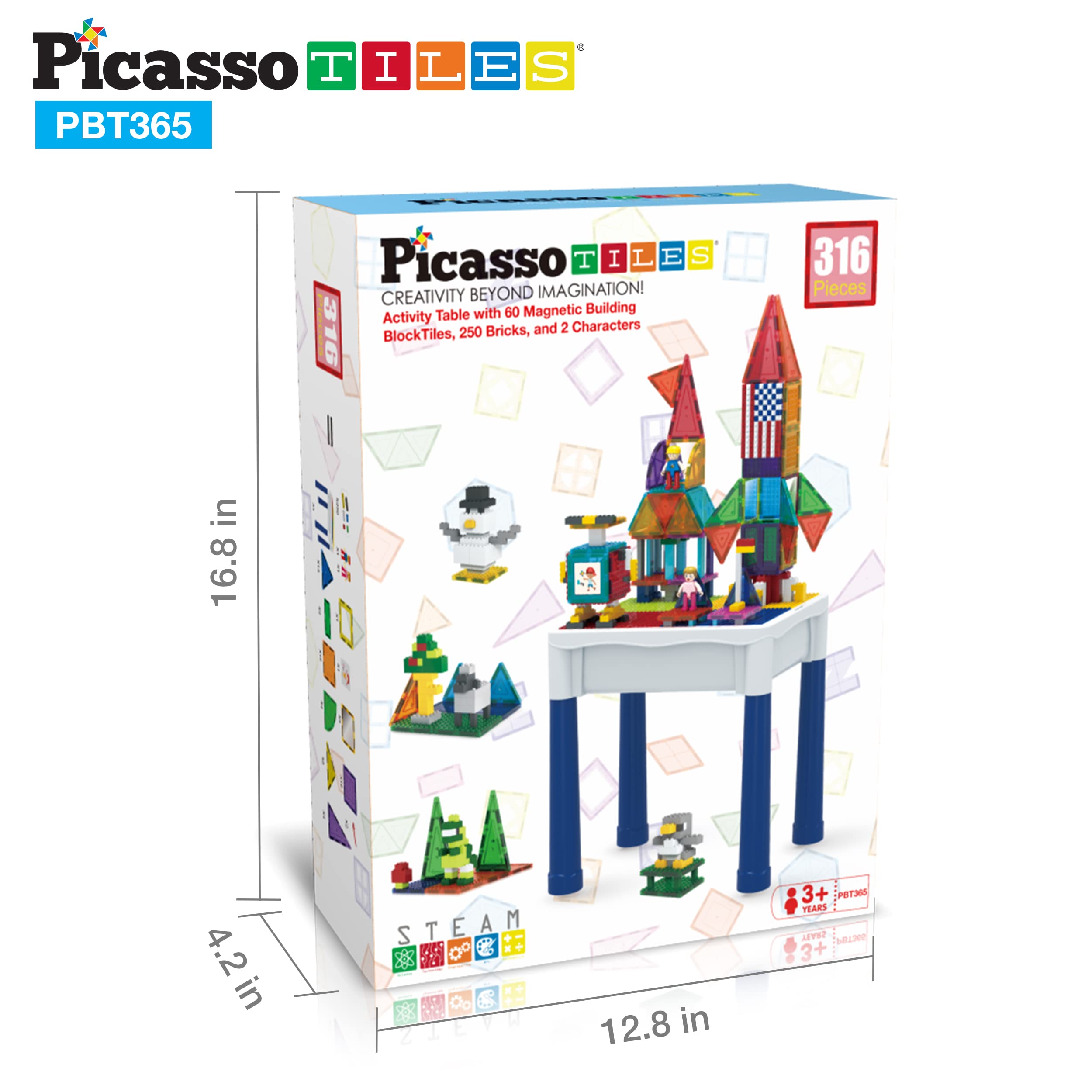 PicassoTiles 316-Piece Magnetic Building Blocks Activity Table with Storage - STEM Educational Toys for Kids Ages 3+, Includes Water & Sand Play Features - Perfect for Indoor Learning, Creative Play & Sensory Development