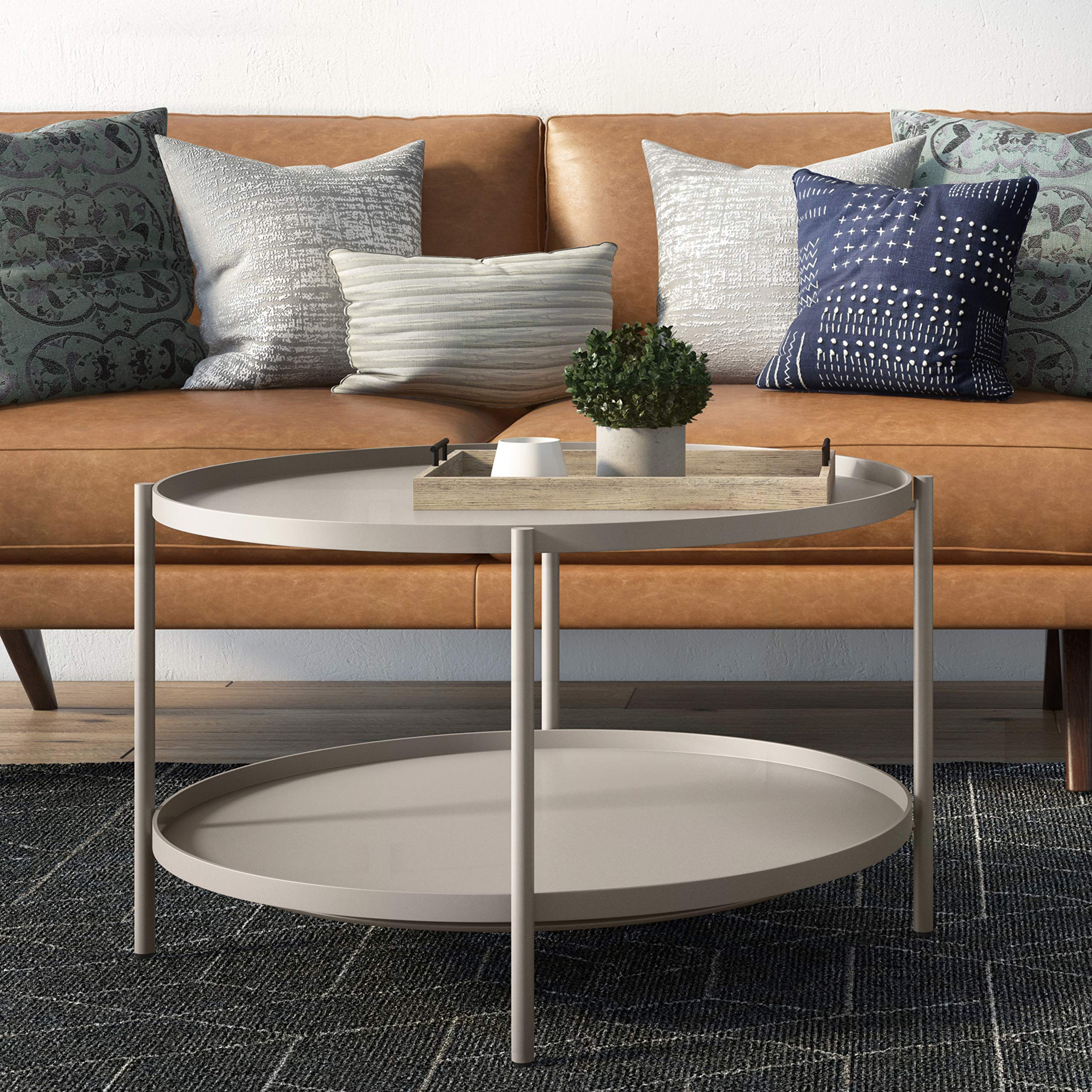 SIMPLIHOME Monet Industrial 32 Inch Wide Metal Coffee Table in Warm Grey - Modern Living Room & Family Room Furniture for Small Spaces, Home Decor