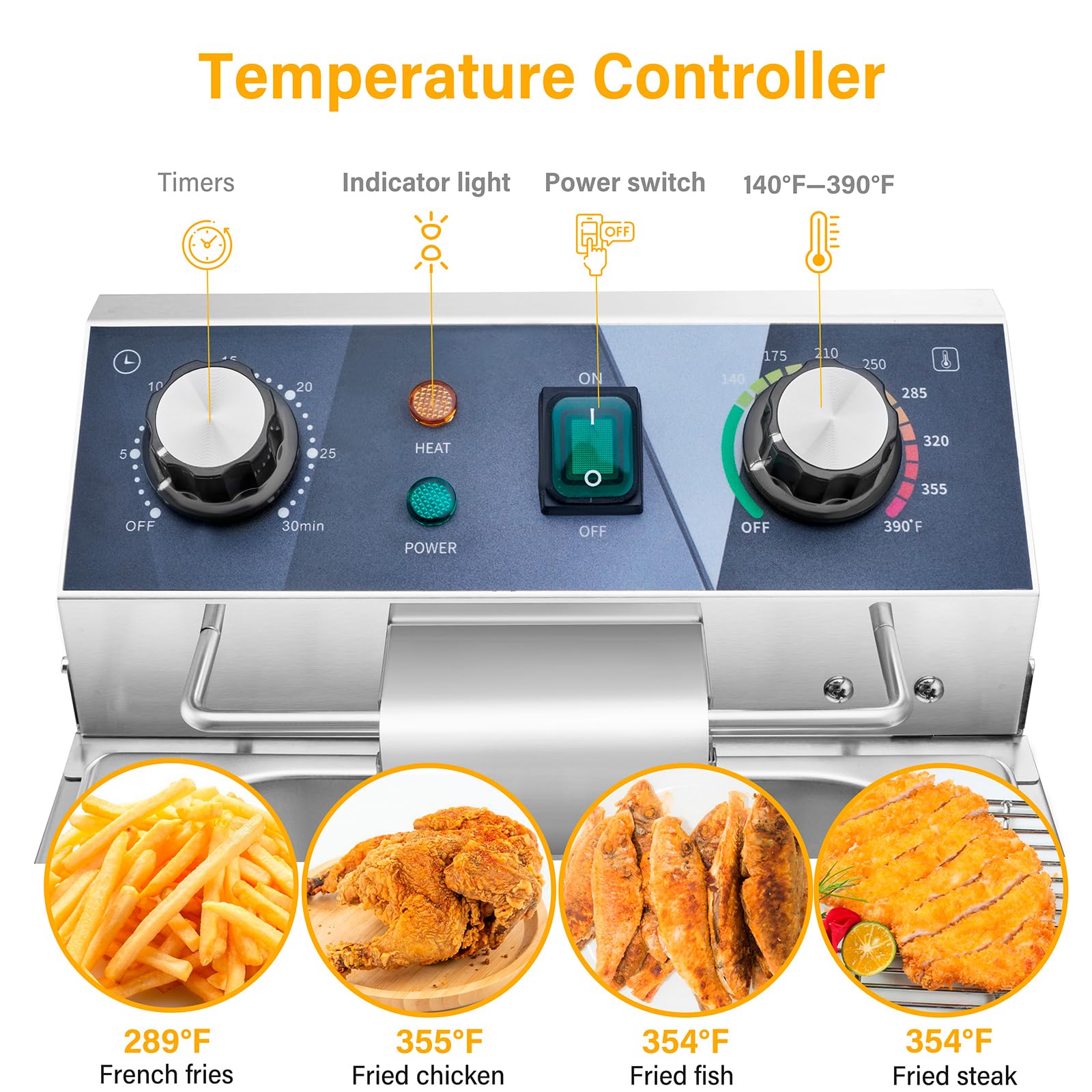 Commercial Electric Deep Fryer 13L 13.7QT 1800W with Temperature Control & Timer - Large Basket Deep Fryer for Restaurants, Food Trucks & Home Kitchens - Perfect for Frying Chicken, Fish, French Fries & Donuts