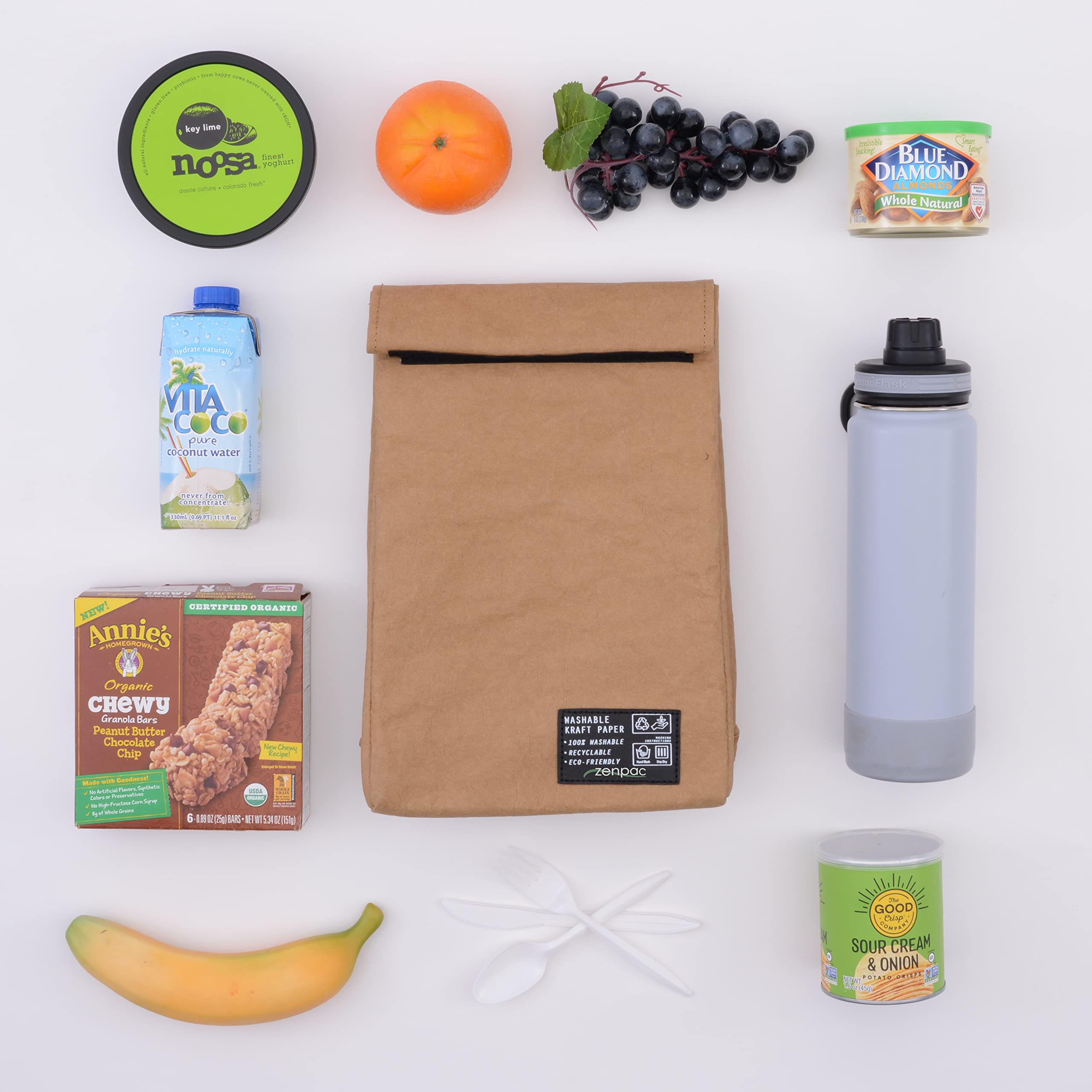 ZENPAC Reusable & Washable Small Brown Lunch Bag - Leakproof Kraft Paper Sack for Work, School, Picnic | Perfect for Food, Beverages, Snacks & Travel | Eco-Friendly Lunch Box (8.5x4.5x12 Inches) - Ideal for Office, Camping, Hiking and Daily Commute