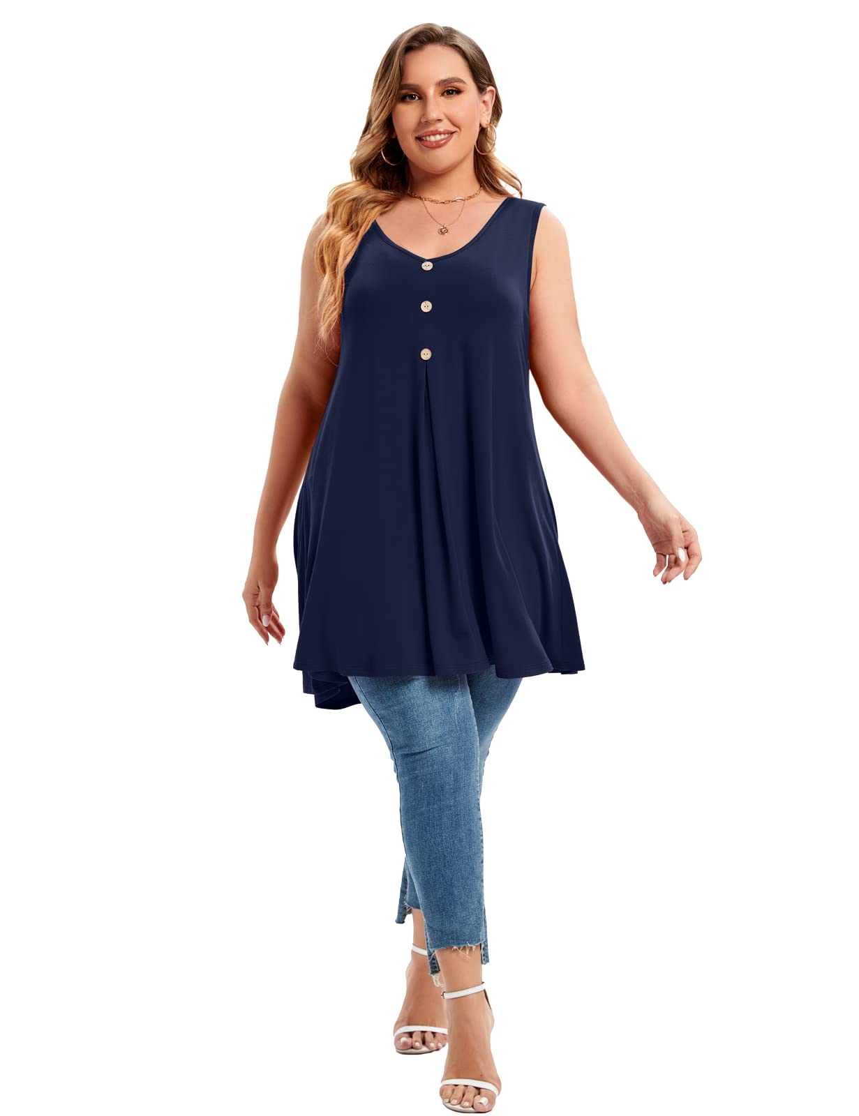 Plus Size Women's V-Neck Button Down Tank Top - Flowy Sleeveless Summer Tunic Shirt for Casual Wear, Beach Outfits & Vacation Essentials