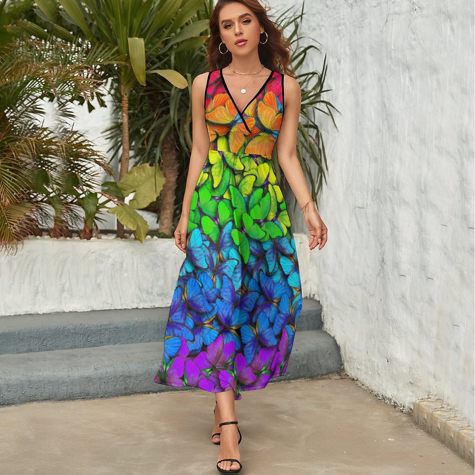 Women's Maxi Dress with Multicolored Butterflies Print - V Neck Sleeveless Summer Beach Dress for Vacation, Party & Casual Wear