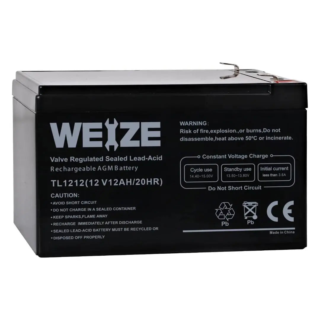 WEIZE 12V 12Ah Sealed Lead Acid Deep Cycle AGM Battery - Perfect for Solar Power Systems, Electric Scooters, and Backup Power Supplies