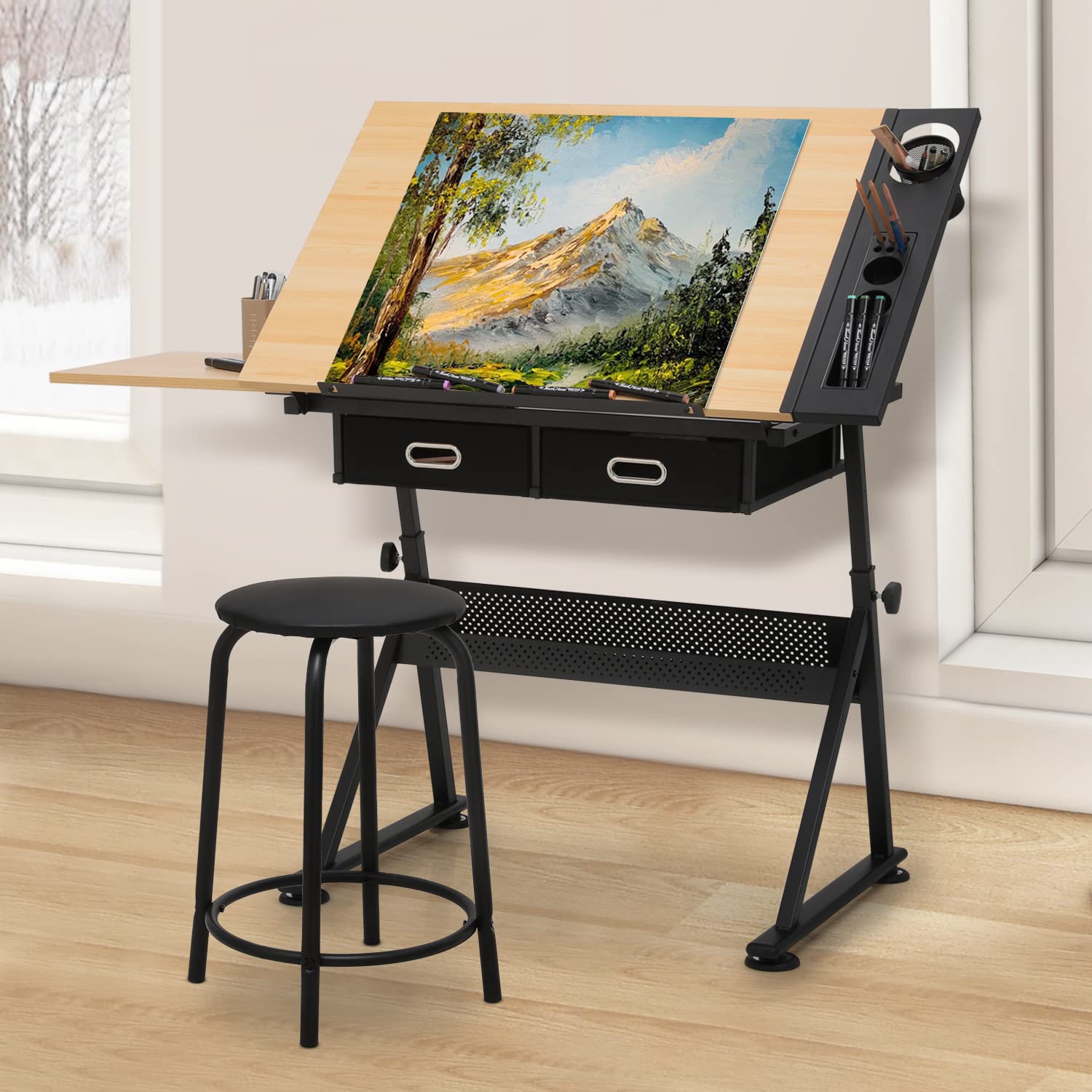 MoNiBloom Adjustable Drafting Table & Stool Set with Storage - Versatile Art Desk & Craft Center for Artists, Students & Hobbyists | Perfect for Home Studio, Office & Classroom Use