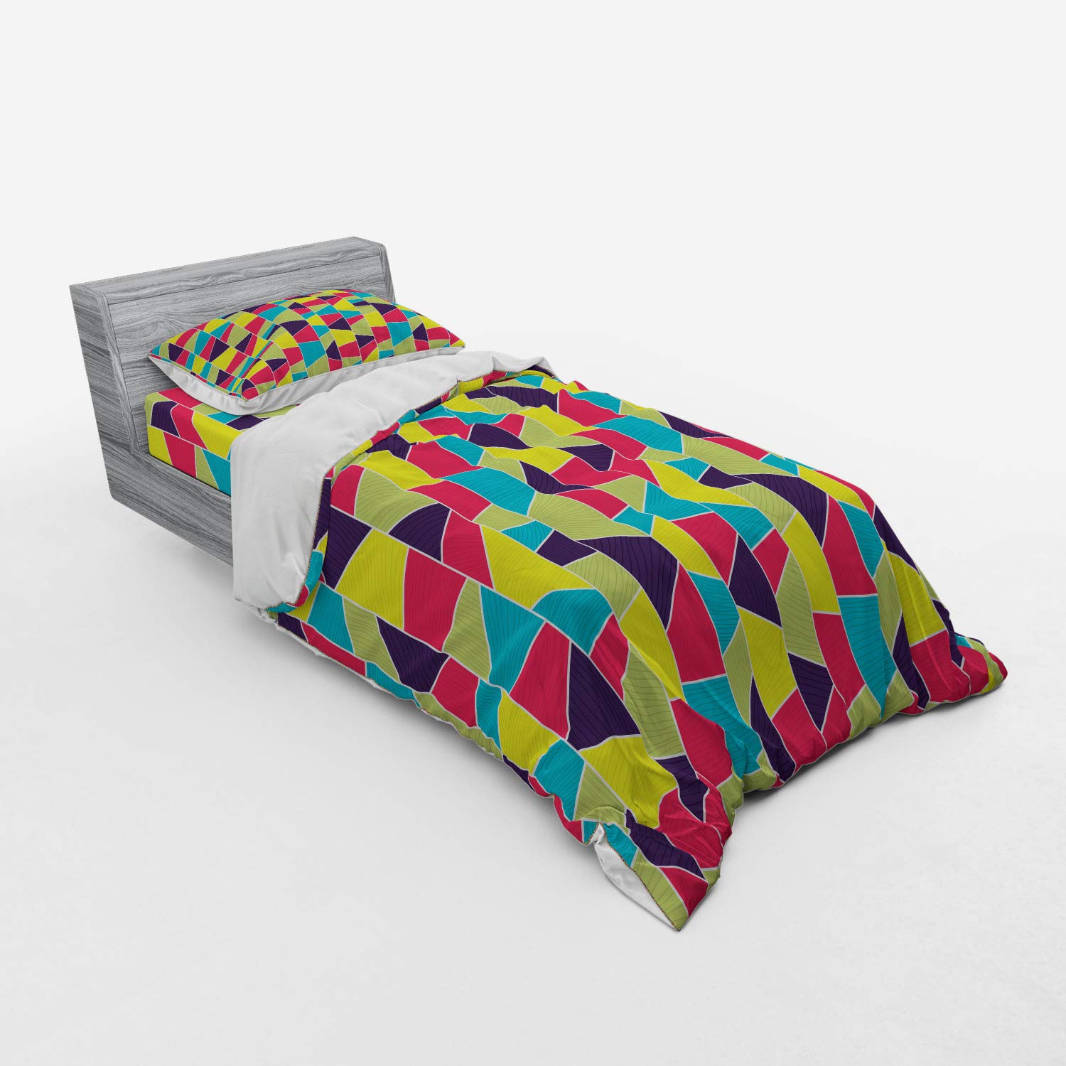 Ambesonne Colorful 3-Piece Twin XL Bedding Set - Mosaic Pattern with Hand-Drawn Lines & Trapezoid Borders, Duvet Cover + Sham + Fitted Sheet - Vibrant Multicolor Design for Kids' Rooms & Guest Bedrooms