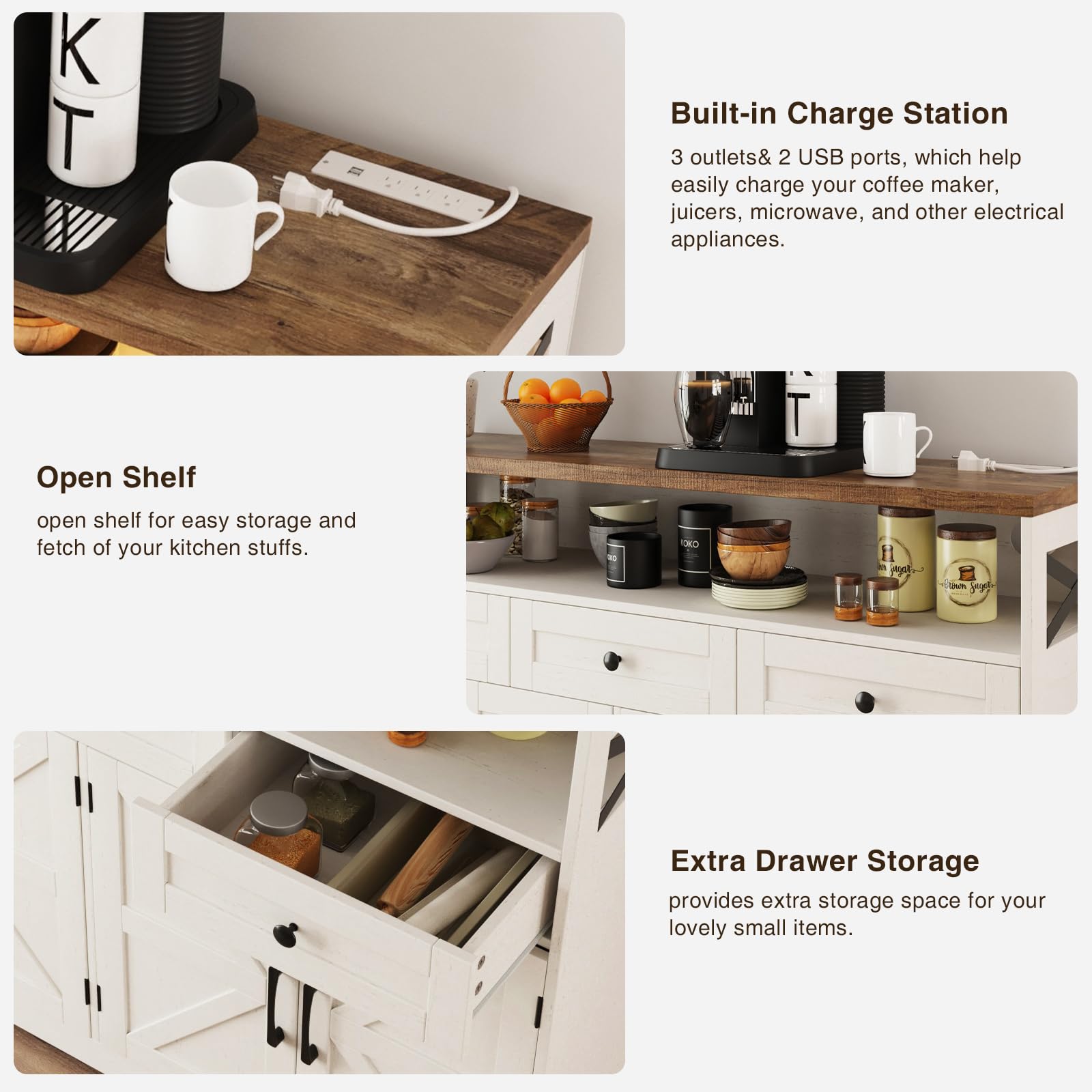 Farmhouse Buffet Cabinet with Drawers & Open Shelf - 52