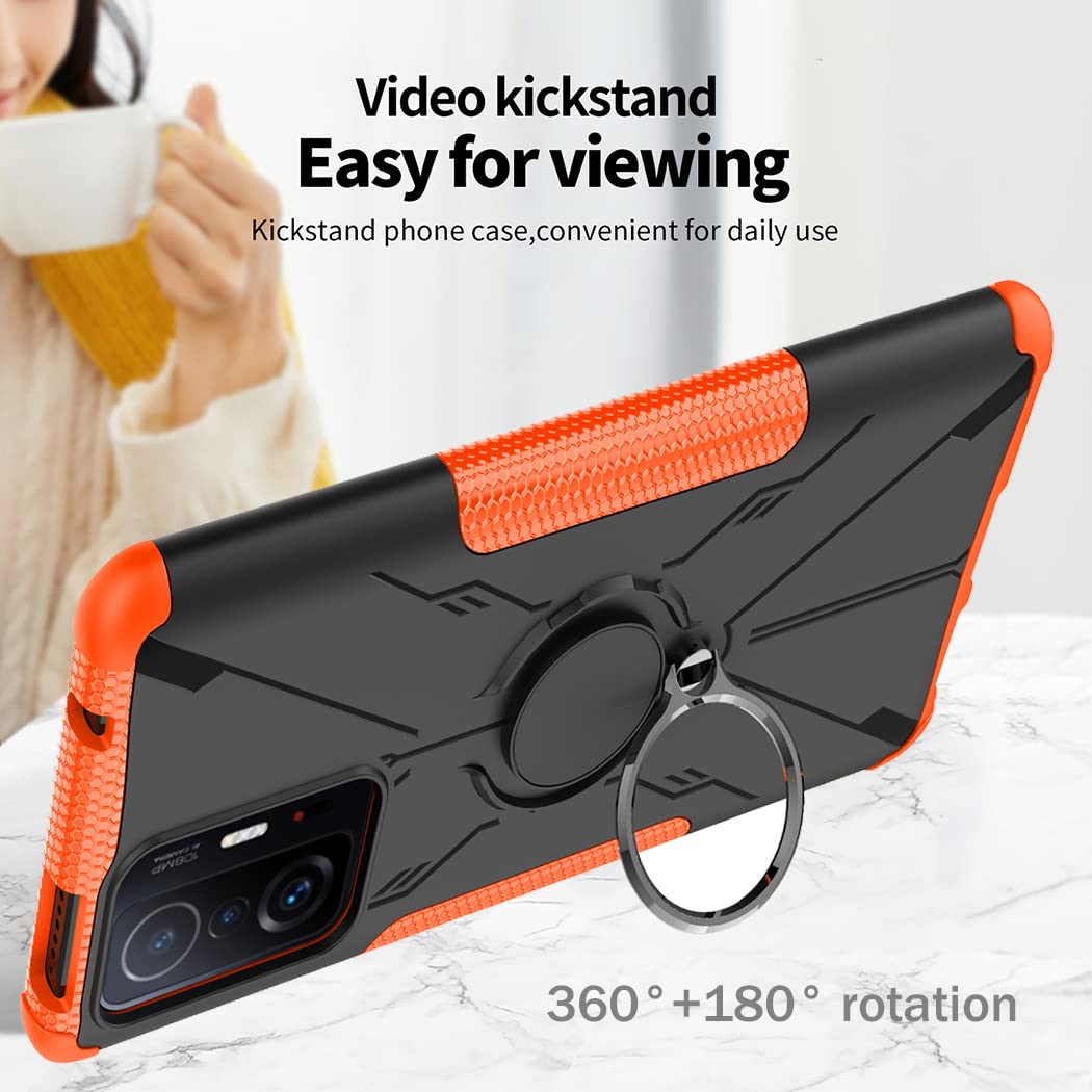 Shockproof Phone Case for Xiaomi Mi 11T 5G/Mi 11T Pro 5G (21081111RG) with Tempered Glass Screen Protector & Metal Ring Holder Kickstand - Durable Protective Cover (Orange) - Perfect for Daily Use, Travel, and Outdoor Activities