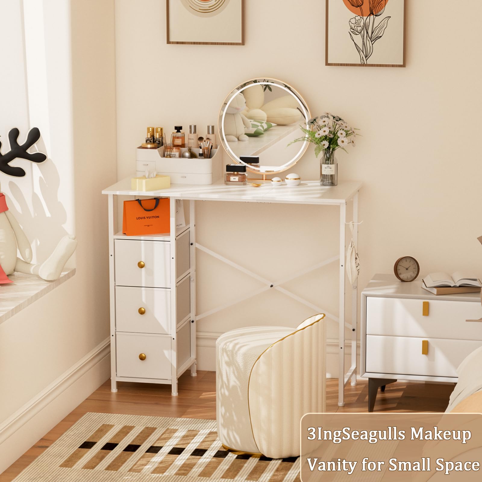 White Vanity Desk Without Mirror - Small Makeup Table with 3 Fabric Drawers & Storage Hook - 35.4 Inch Dressing Table for Small Spaces - Perfect for Bedroom, Apartment & Dorm Room Organization