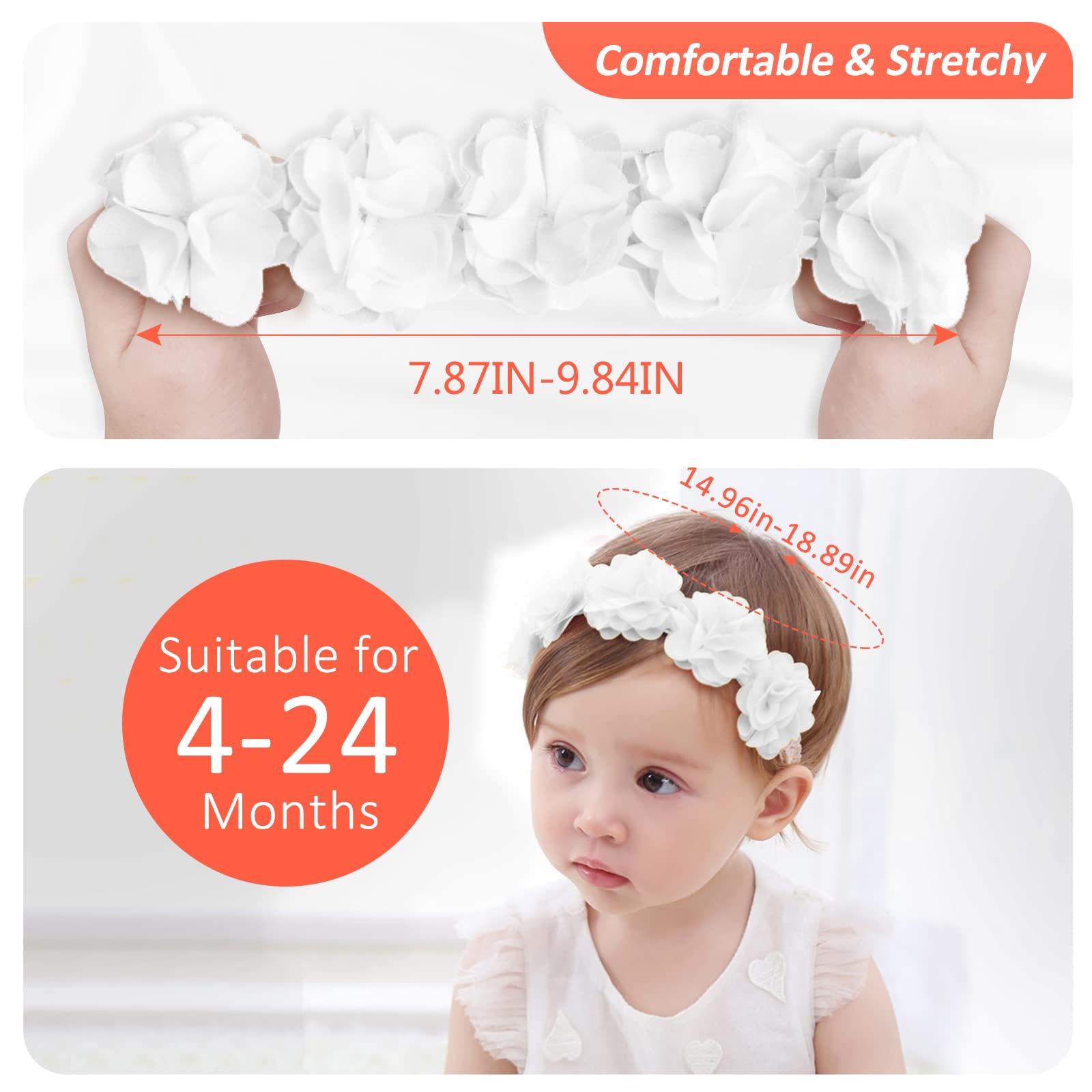 Fmeida Soft Stretchy Flower Headbands for Baby Girls - Elastic Floral Hair Accessories for Newborns, Infants & Toddlers (Champagne) | Perfect for Photos, Parties & Everyday Wear