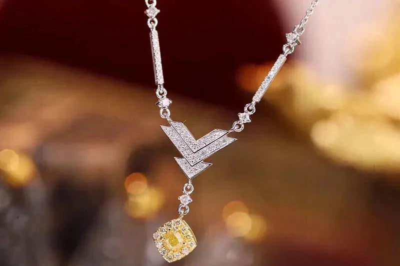 18K White Gold Y-Shaped Diamond Pendant Necklace for Women - Elegant Real Natural Yellow Diamond Jewelry Gift for Anniversary, Birthday & Special Occasions