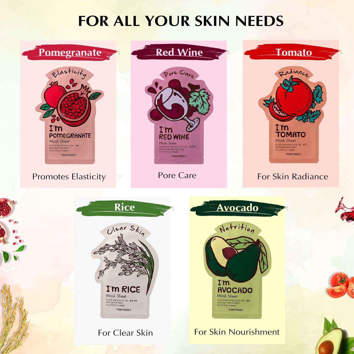 Tonymoly Super Food Face Sheet Mask Pack of 10 - Hydrating Facial Mask with Essence for Glowing Skin | Skin Radiance, Elasticity Boost & Pore Care | Korean Skincare for Daily Use, Spa Night & Self-Care Routine
