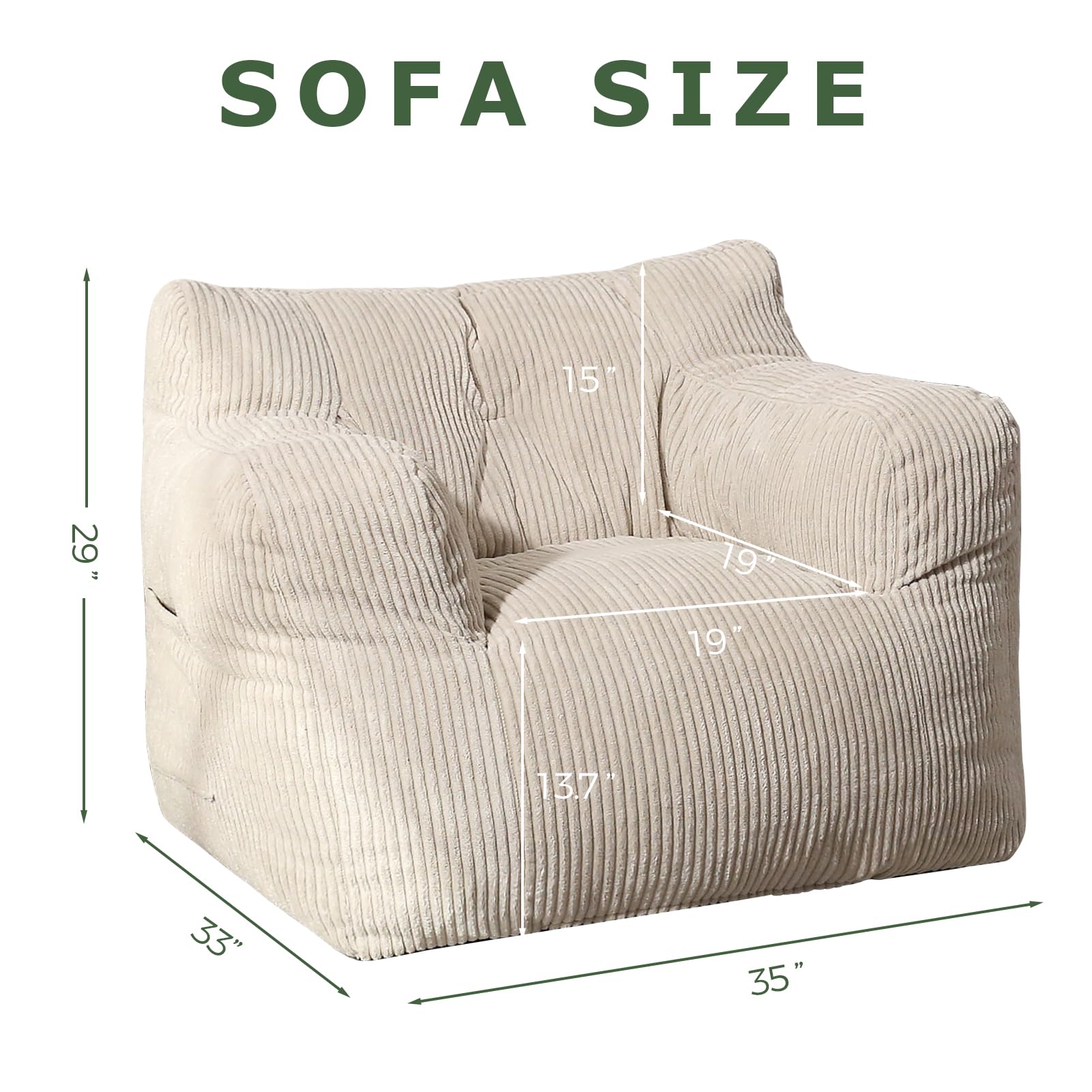 HIGOGOGO Bean Bag Chair Sofa - Extra Large Comfy Lazy Chair with Pocket Armrests for Living Room, Bedroom, Gaming & Reading - Soft Beige Fabric for Ultimate Relaxation | Perfect for College Dorms, Home Theater & Kids Playroom
