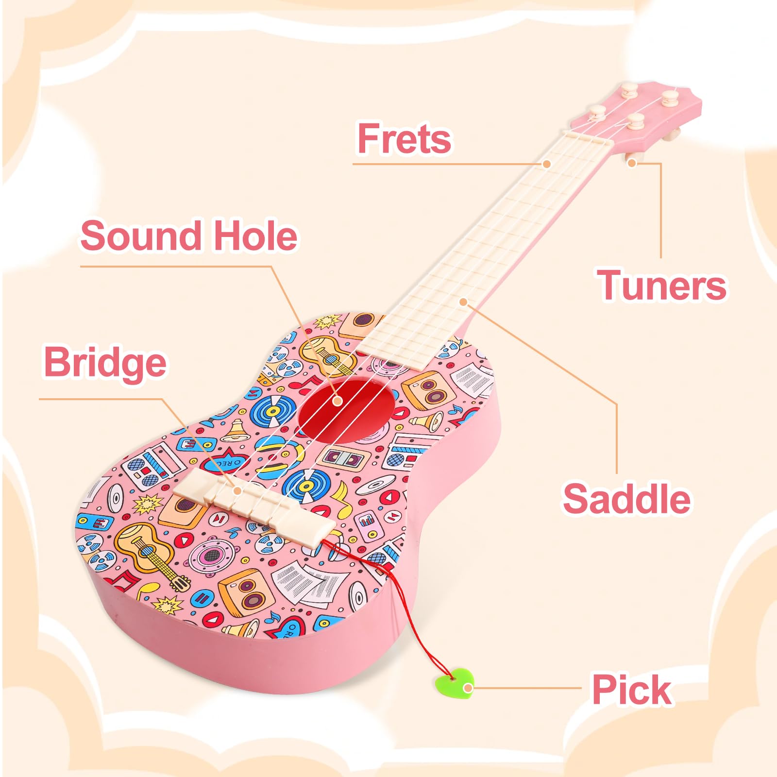 LeeQee 21-Inch Colorful Graffiti Ukulele Guitar for Kids - 4-String Beginner Musical Instrument with Picks, Perfect Learning Toy for Boys & Girls Ages 3-12 (Pink) | Great for Birthday Gifts, Music Lessons & Family Fun
