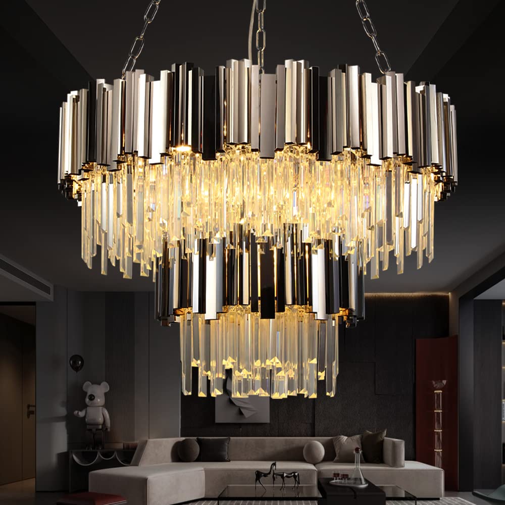Modern Crystal Chandeliers - Chrome Round 2-Tier Raindrop Chandelier Light Fixture for Dining Room, Living Room, Bedroom, Bathroom | Elegant Lighting for Home Decor, Wedding & Restaurant Ambiance