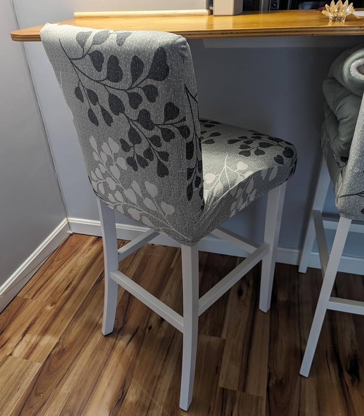 Stretch Washable Bar Stool Covers Set of 4 - Counter Height Chair Seat Covers for Kitchen, Dining Room & Cafe - Grey Leaf Pattern - Perfect for Home Decor & Restaurant Seating Protection