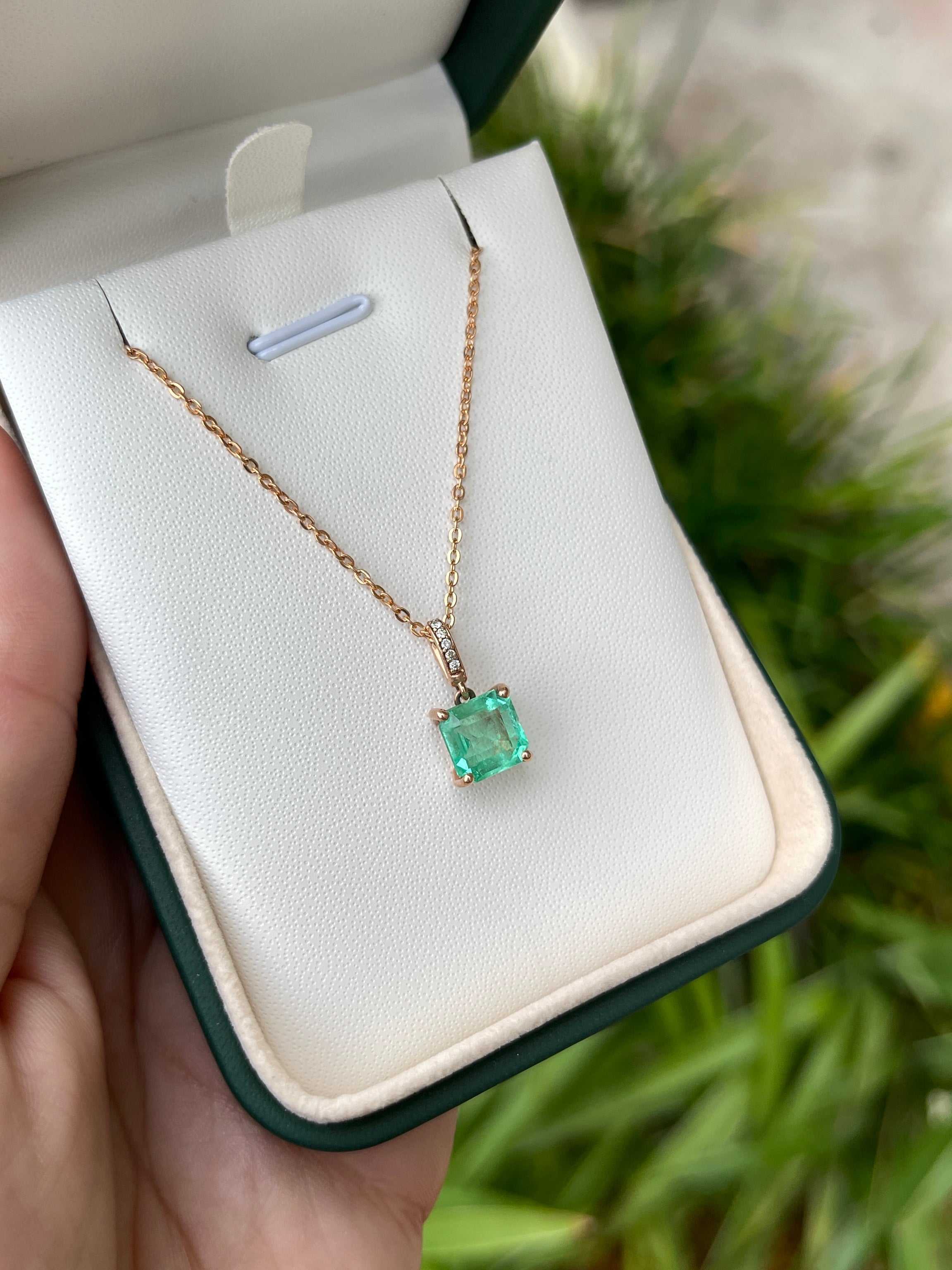 1.95tcw Asscher Cut Colombian Emerald & Round Diamond Dangle Pendant in 14K Gold - Elegant Necklace for Women, Perfect Gift for Anniversary, Birthday & Special Occasions