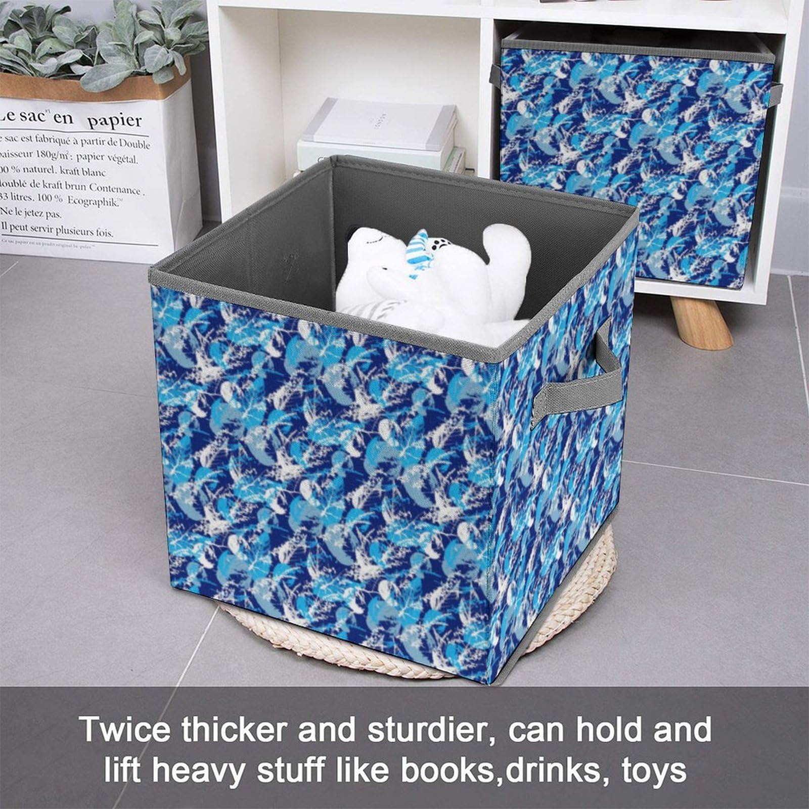 Blue Tropical Leaves Foldable Storage Bins 4-Pack - Collapsible Fabric Cube Baskets with Handles (10.6 Inch) for Nursery, Closet, Shelves - Organize Clothes, Toys, Books | Space-Saving Home & Office Storage Solution