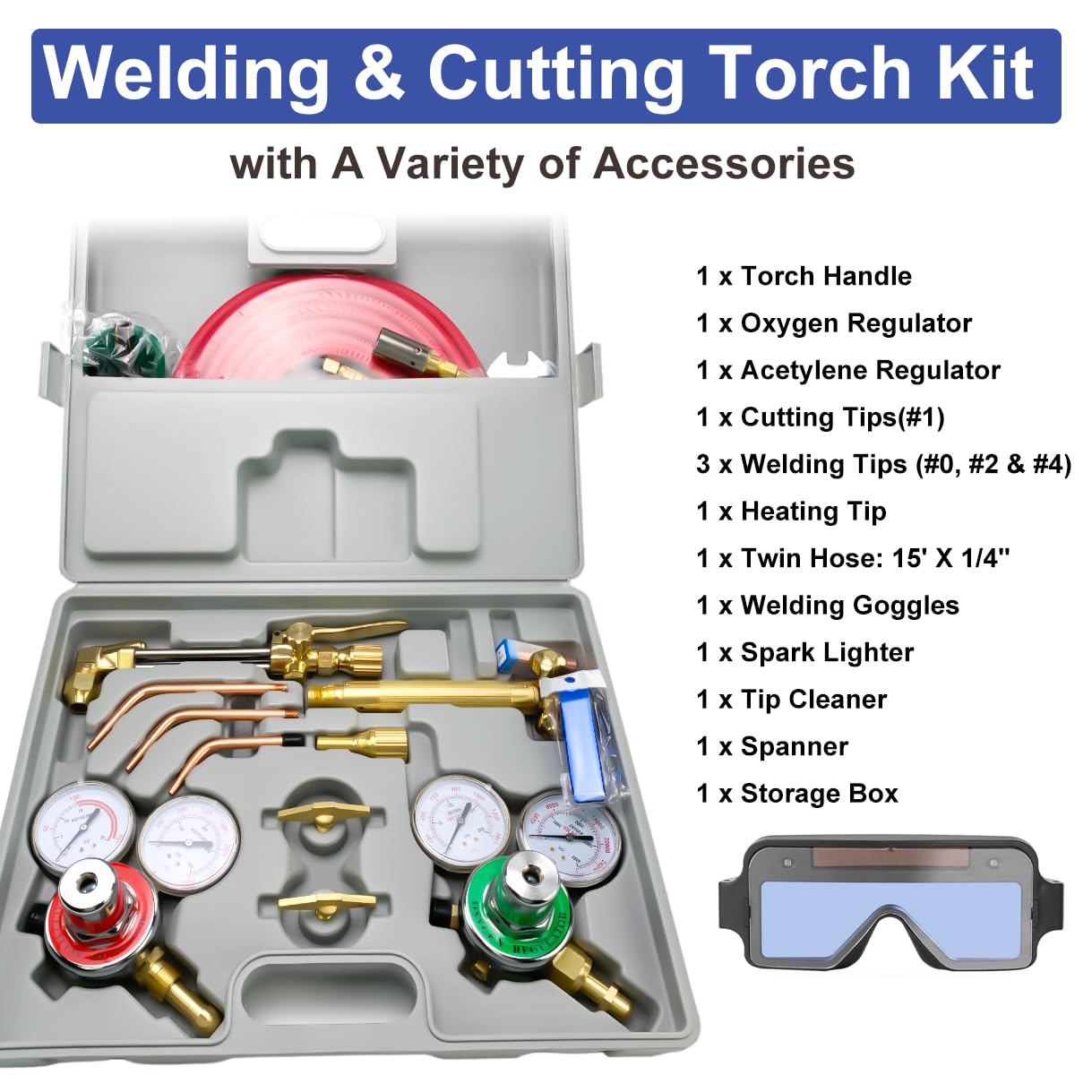 Oxy Acetylene Torch Kit - Portable Gas Cutting & Welding Set with Regulator, Hose & Auto-Darkening Welding Glasses - Ideal for Metal Fabrication, Auto Repair & DIY Projects (#22126)