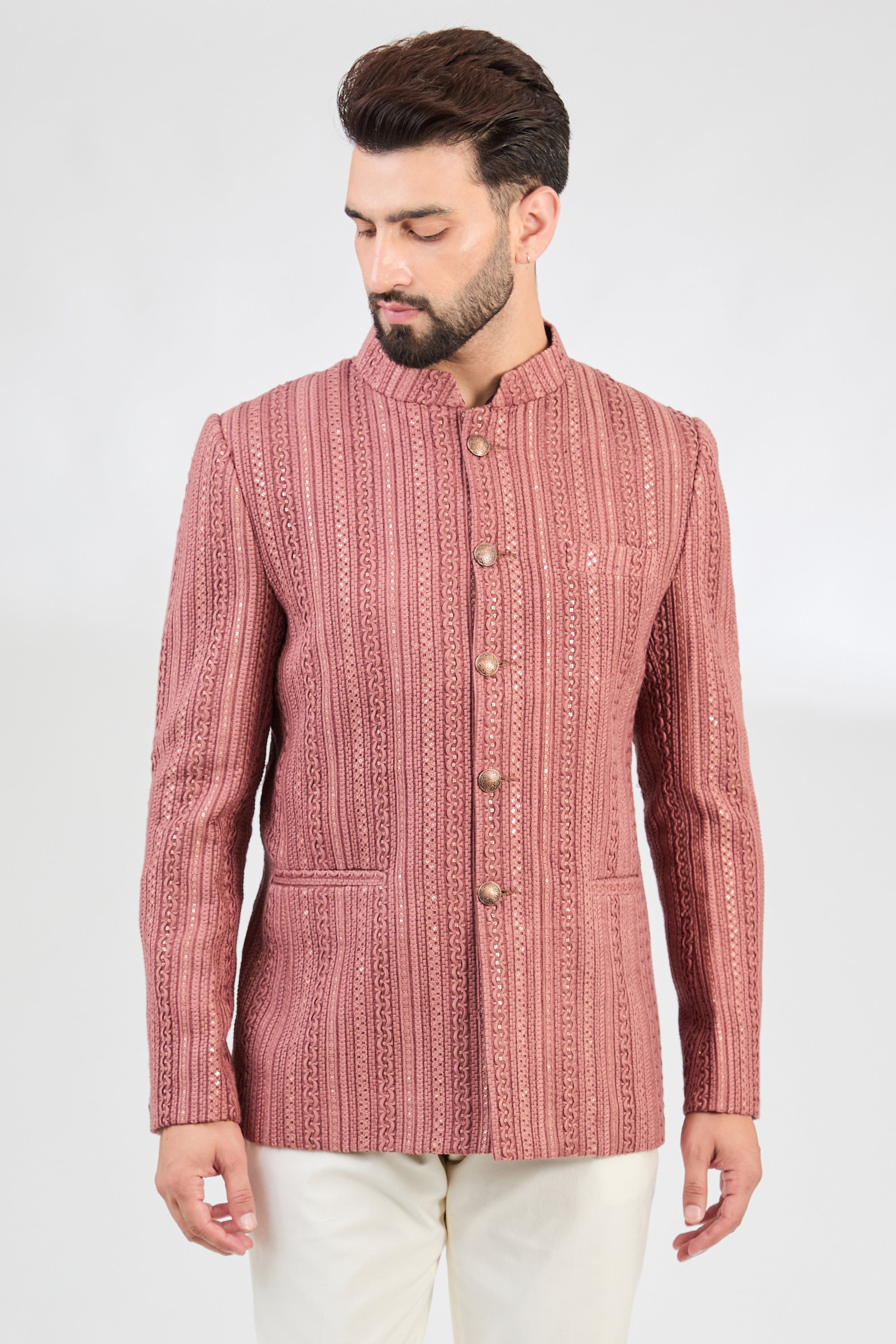 Elegant Mauve Taupe Heavy Embroidered Bandhgala Jacket for Men - Perfect for Weddings, Parties & Formal Events