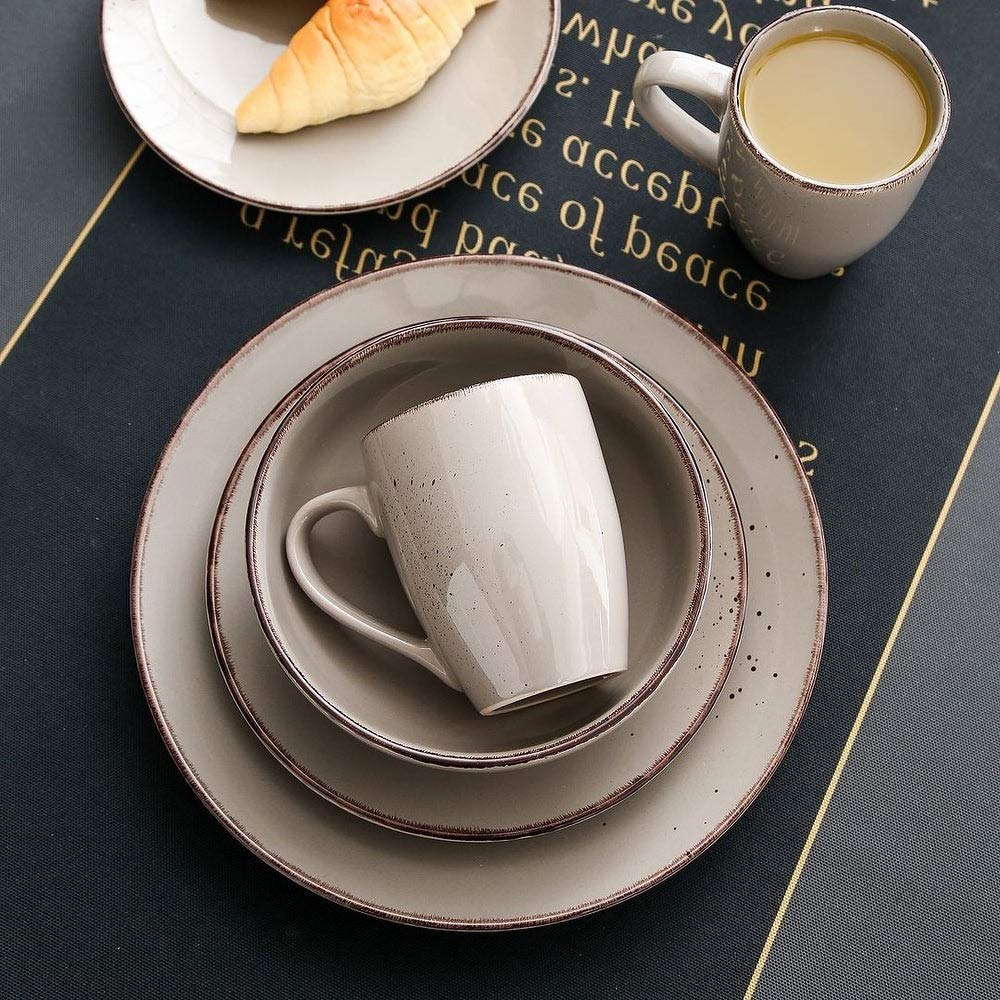 16-Piece Vintage Ceramic Stoneware Dinnerware Set - Heavy Duty Dishwasher & Microwave Safe, Scratch Resistant - Light Grey Plates, Bowls & Mugs for 4 - Perfect for Family Dinners, Entertaining Guests & Everyday Use