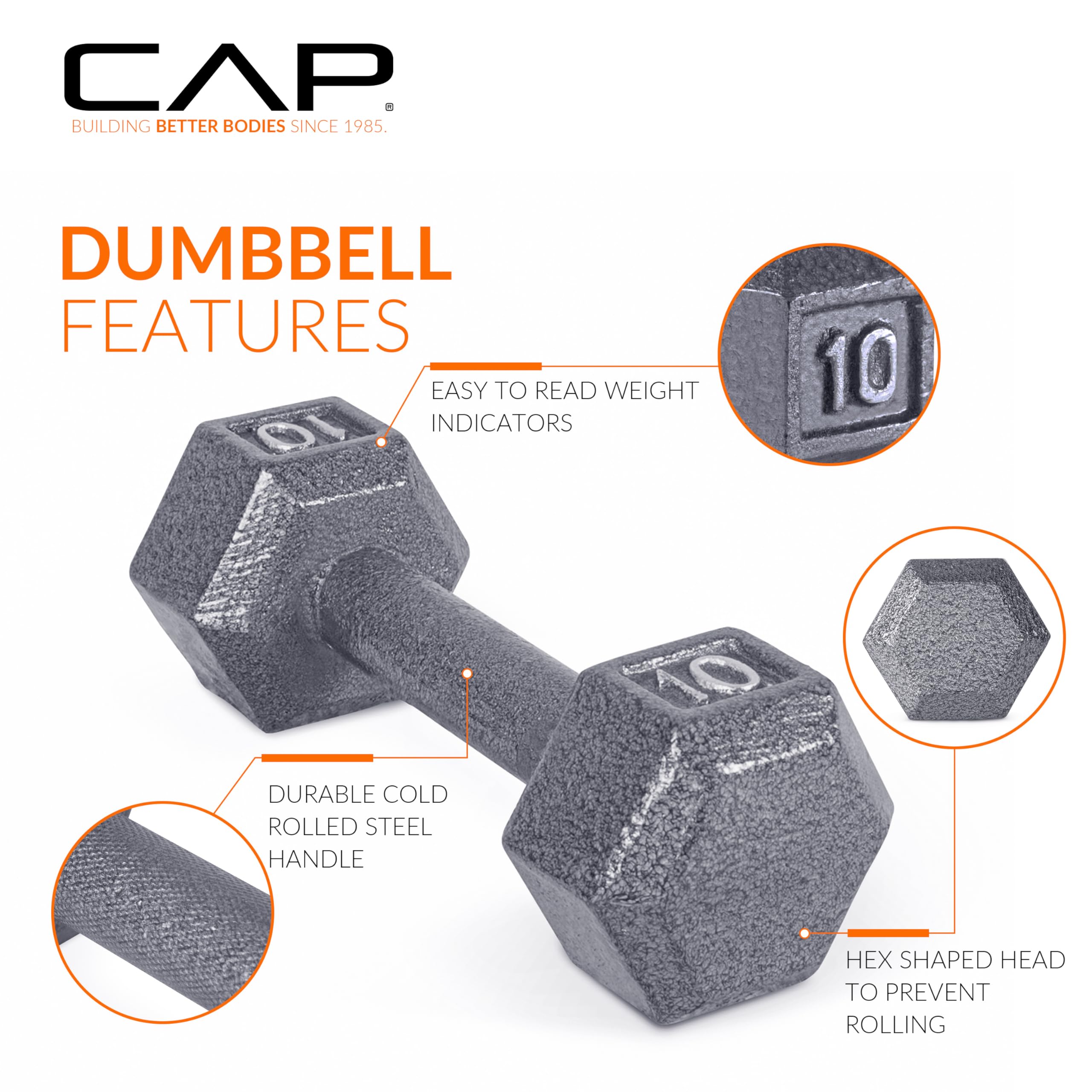 CAP Barbell Cast Iron Hex Dumbbell Set - 5-50 lbs Weight Options for Home Gym, Strength Training & Workouts