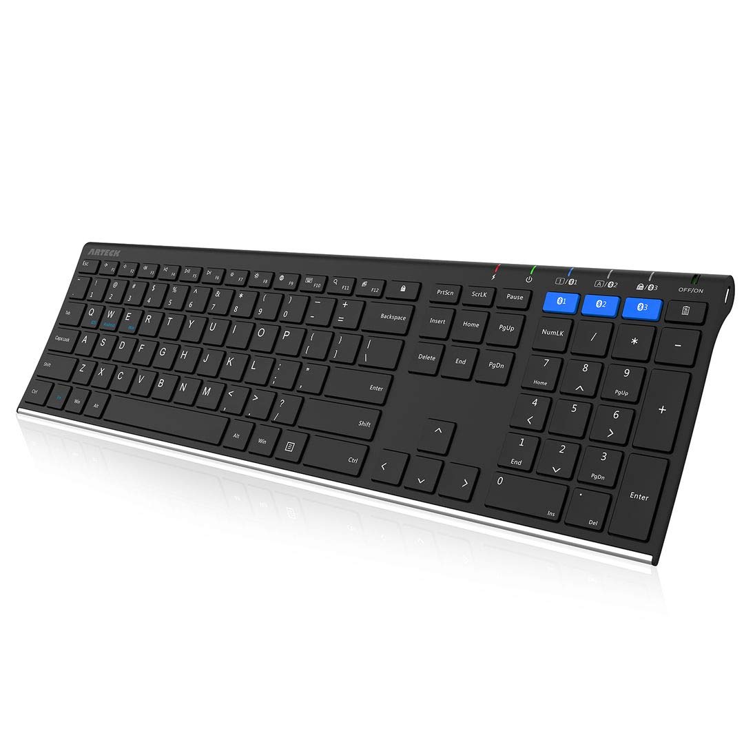Arteck HB192 Universal Bluetooth Keyboard - Multi-Device Wireless Keyboard for Windows, iOS, Android, Mac - Full Size Stainless Steel Keyboard for Computer, Laptop, Tablet, Smartphone - Rechargeable Battery - Perfect for Office, Home & Travel Use