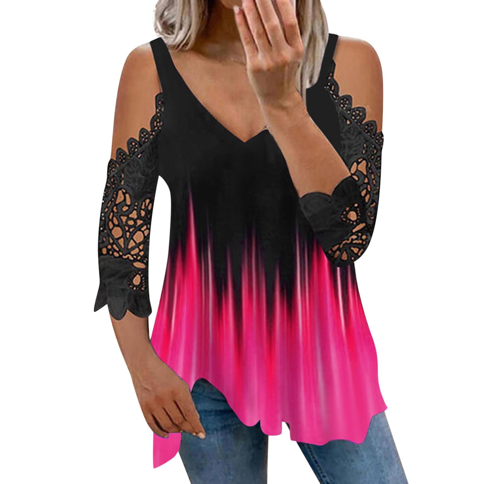 Women's Off Shoulder Zip Up Short Sleeve V-Neck Sexy T-Shirt - Loose Fit Graphic Blouse for Casual Wear, Date Night & Summer Outfits