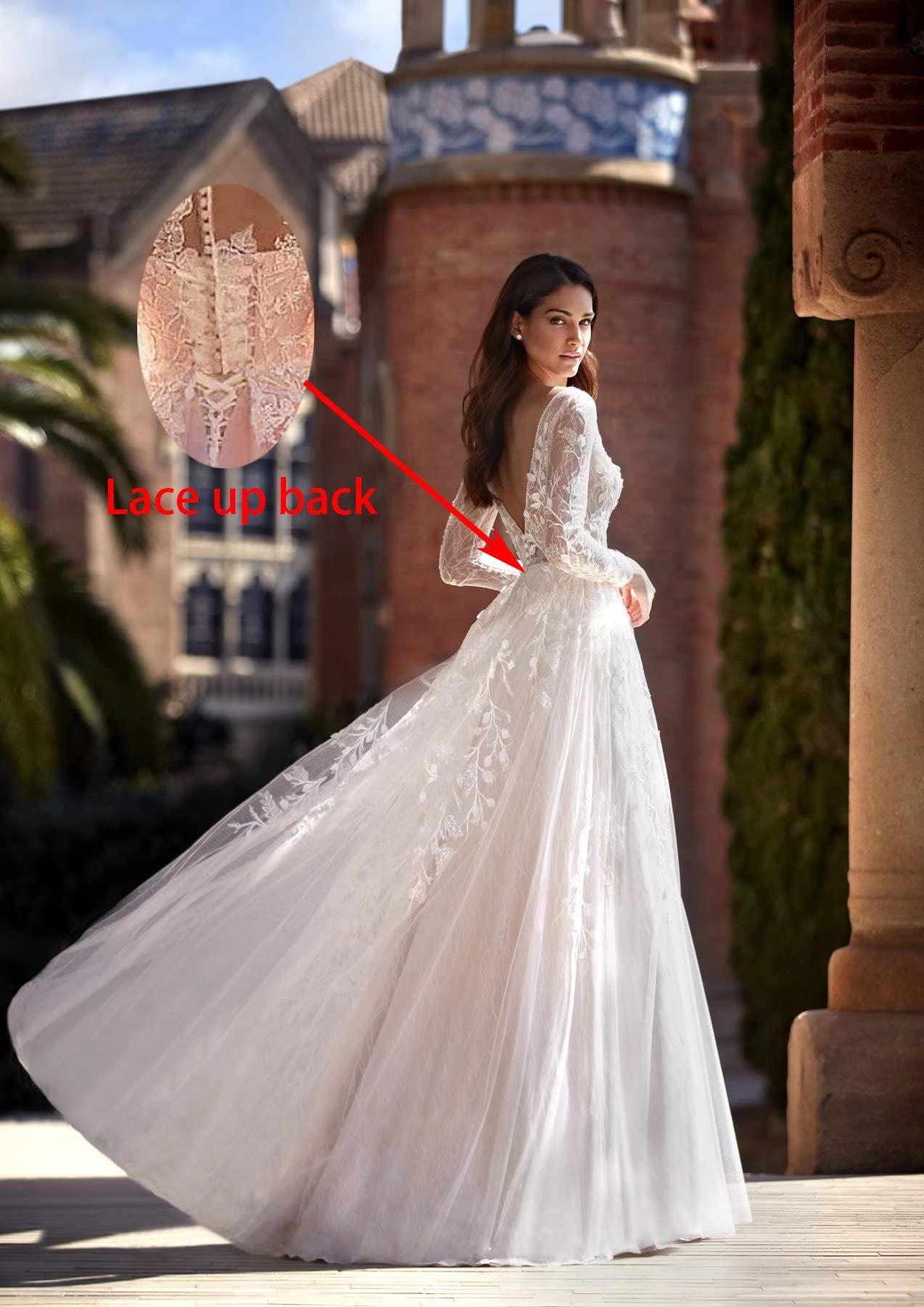 Elegant Double V-Neck Lace Wedding Dress for Women - Long Ball Gown Bridal Gown DR0001-10 | Perfect for Church Weddings, Beach Ceremonies & Formal Receptions
