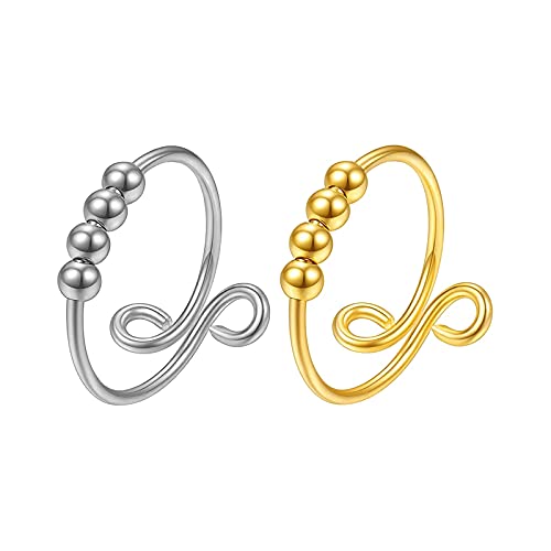Winnerlion 925 Sterling Silver Anti Anxiety Ring for Women & Men - Spinner Fidget Ring with Beads for Stress Relief & Anxiety - Smooth Spinning Motion for Relaxation - Perfect for Office, Travel & Daily Wear (Silver & Gold, 2 Pack)