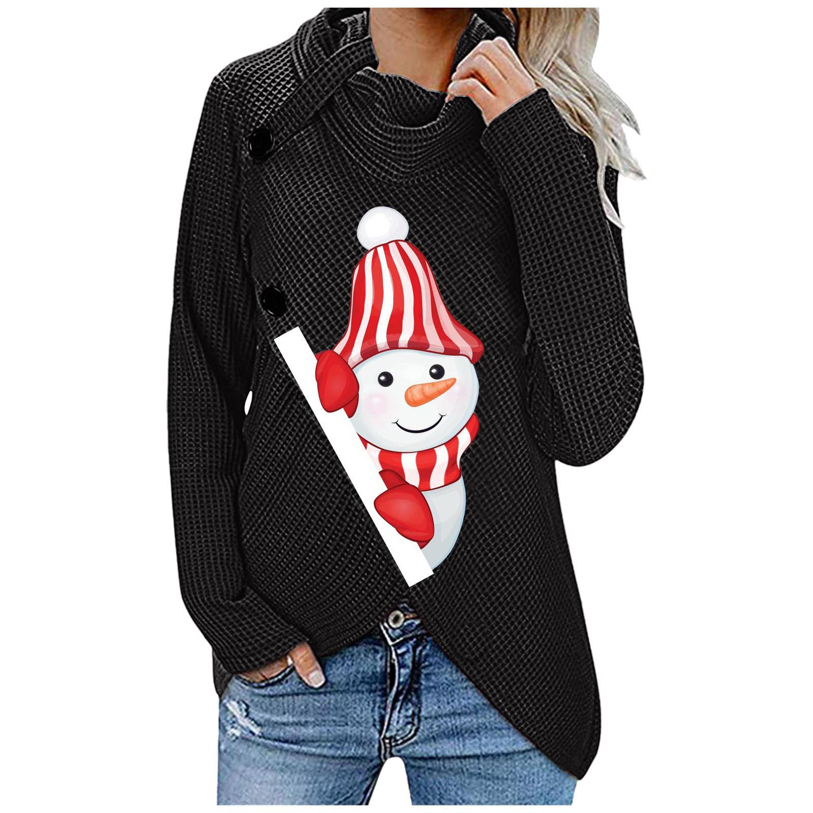 Funny Snowman Print Women's Christmas Sweatshirt - Cute Long Sleeve Pullover with Waffle Buttons & Turtleneck for Holiday Parties & Winter Outfits