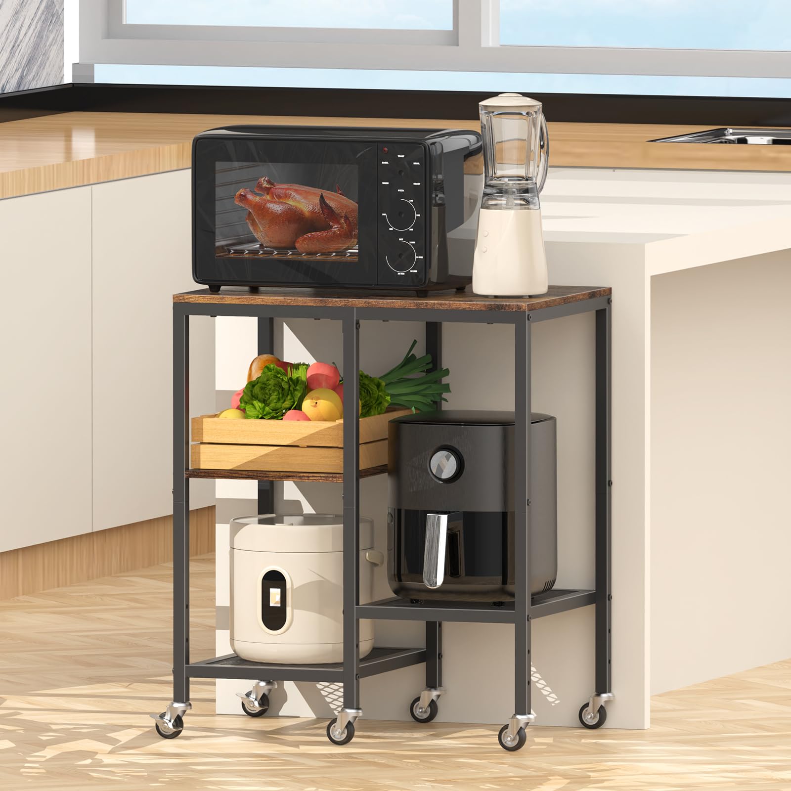 **4-Tier Rolling Microwave Cart with Wheels - Rustic Brown Kitchen Storage Shelf for Small Appliances, Coffee Bar Station & Baker's Rack | Perfect for Kitchen, Living Room & Apartment Organization**