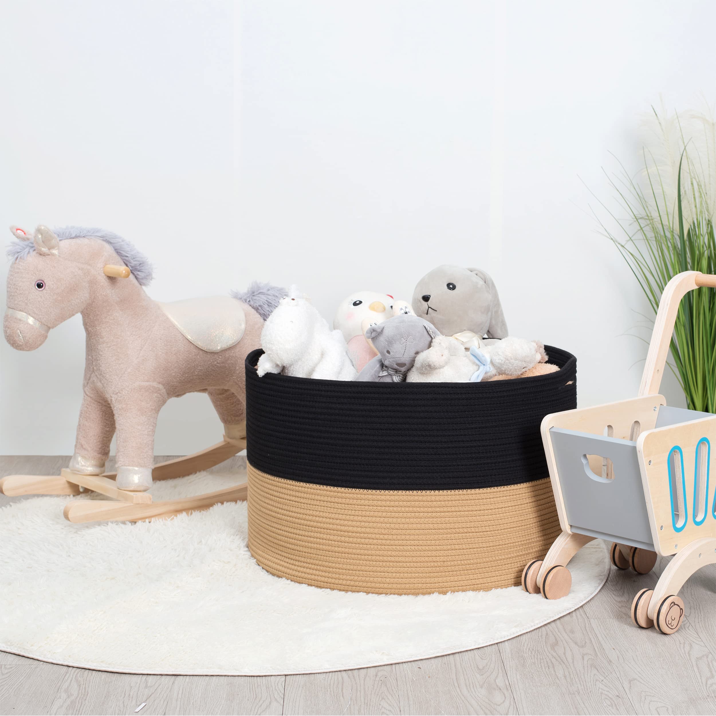 MINTWOOD Extra Large 22x14 Inch Woven Cotton Rope Storage Basket - Blanket Organizer, Laundry Hamper, Toy Bin for Living Room & Nursery - Black & Brown Home Decor (Perfect for Cozy Blanket Storage & Kids' Toy Organization)