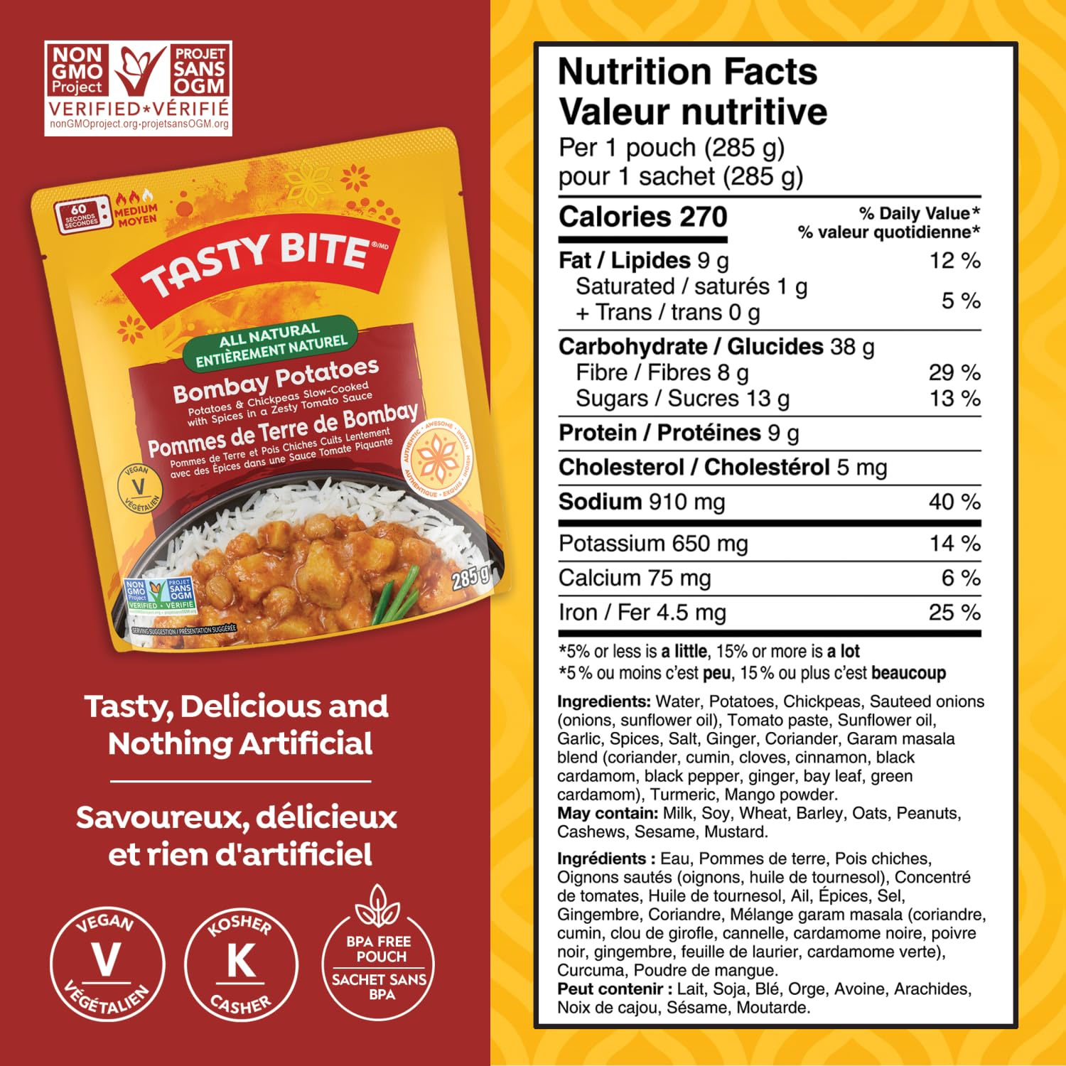 TASTY BITE Bombay Potatoes All Natural Indian Entrée, 10.1oz (285g) - Ready to Eat Vegan Meal for Quick Lunch, Dinner, or Camping Food