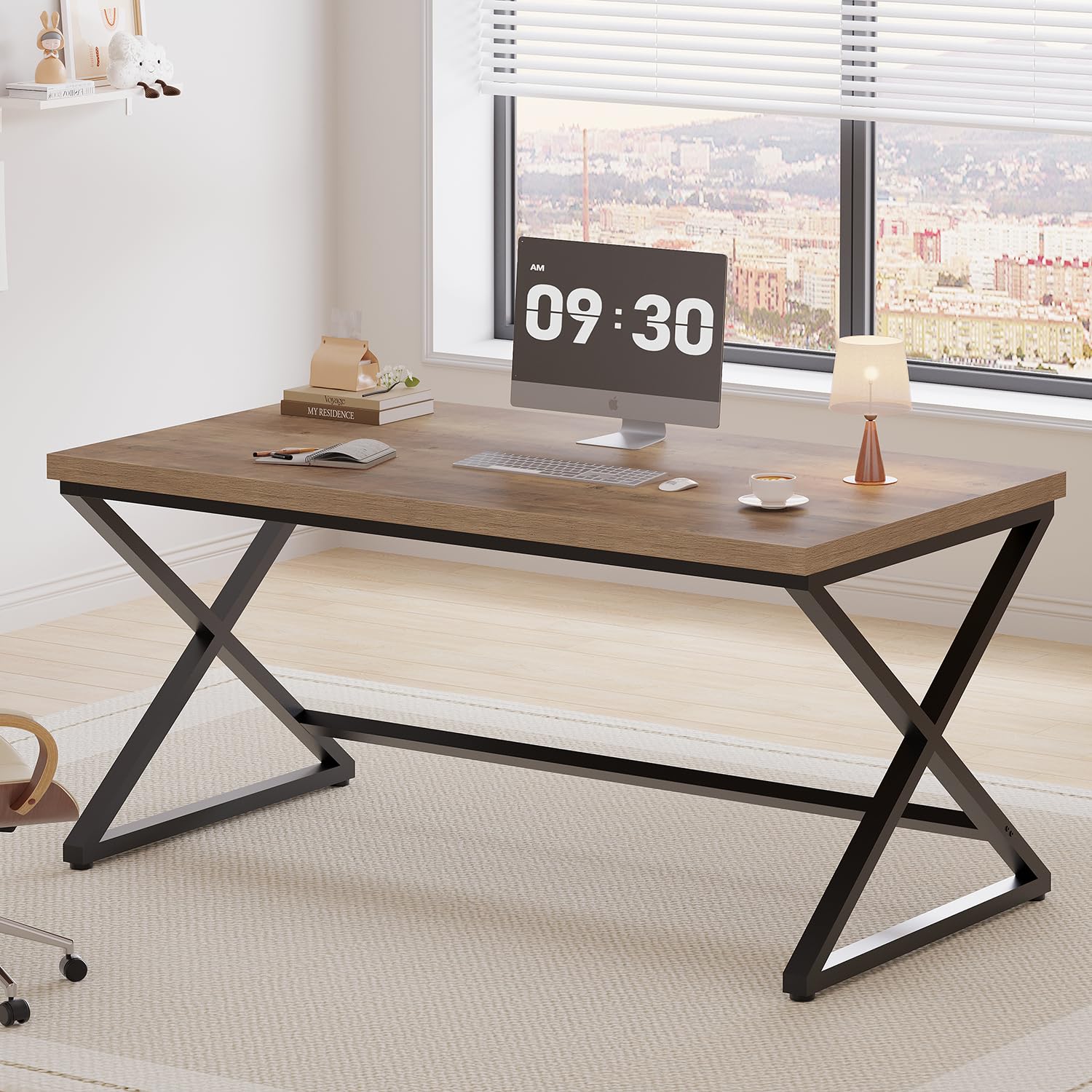 IBF Rustic Computer Desk - Modern Metal Farmhouse Home Office Desk, Minimalist Wood Laptop Executive Workstation, 55 Inch Rustic Oak Gaming Table for Bedroom, Study, or Small Space Office