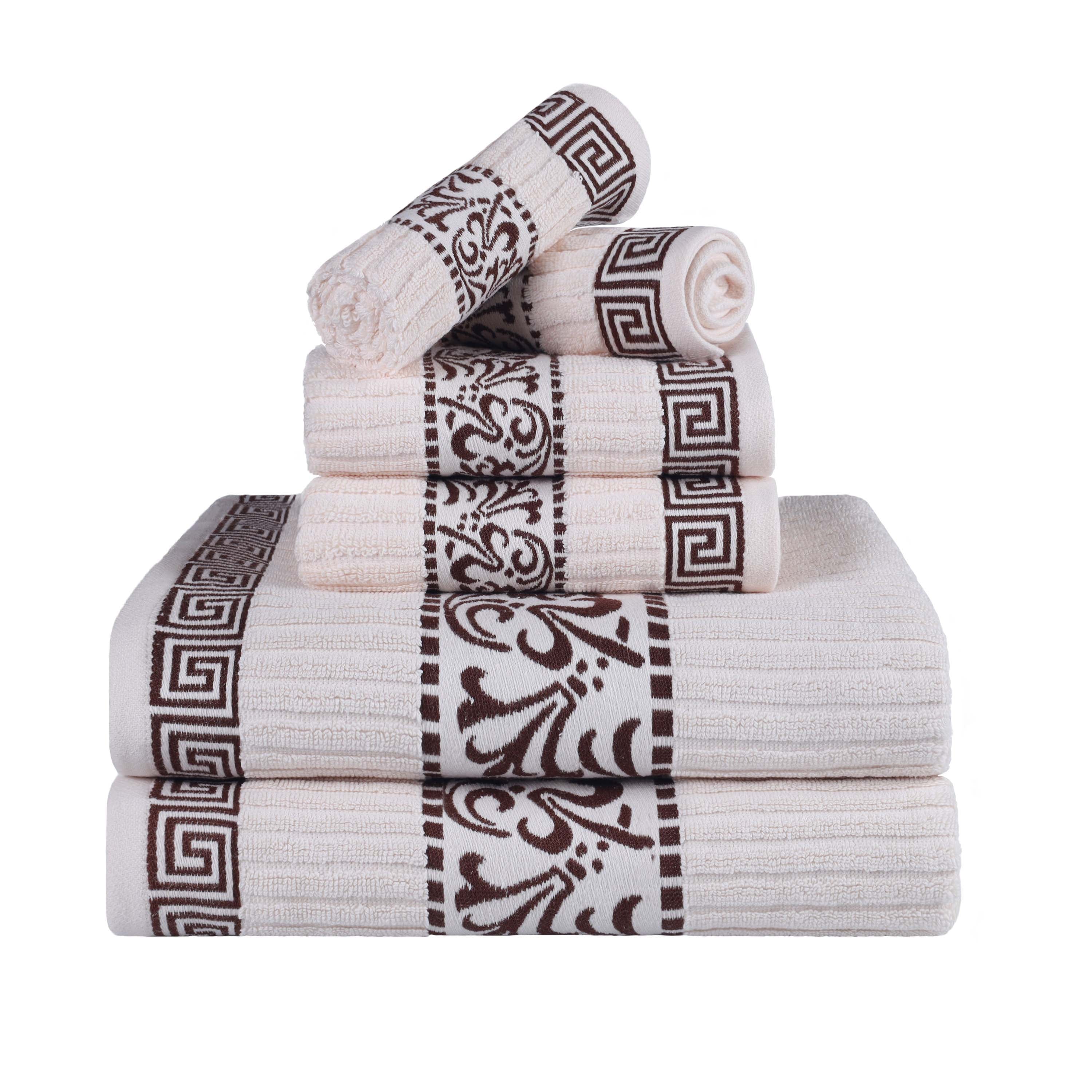 Athens Cotton Greek Scroll and Floral 6-Piece Bath Towel Set - Soft & Absorbent for Bathroom, Spa, and Beach Use