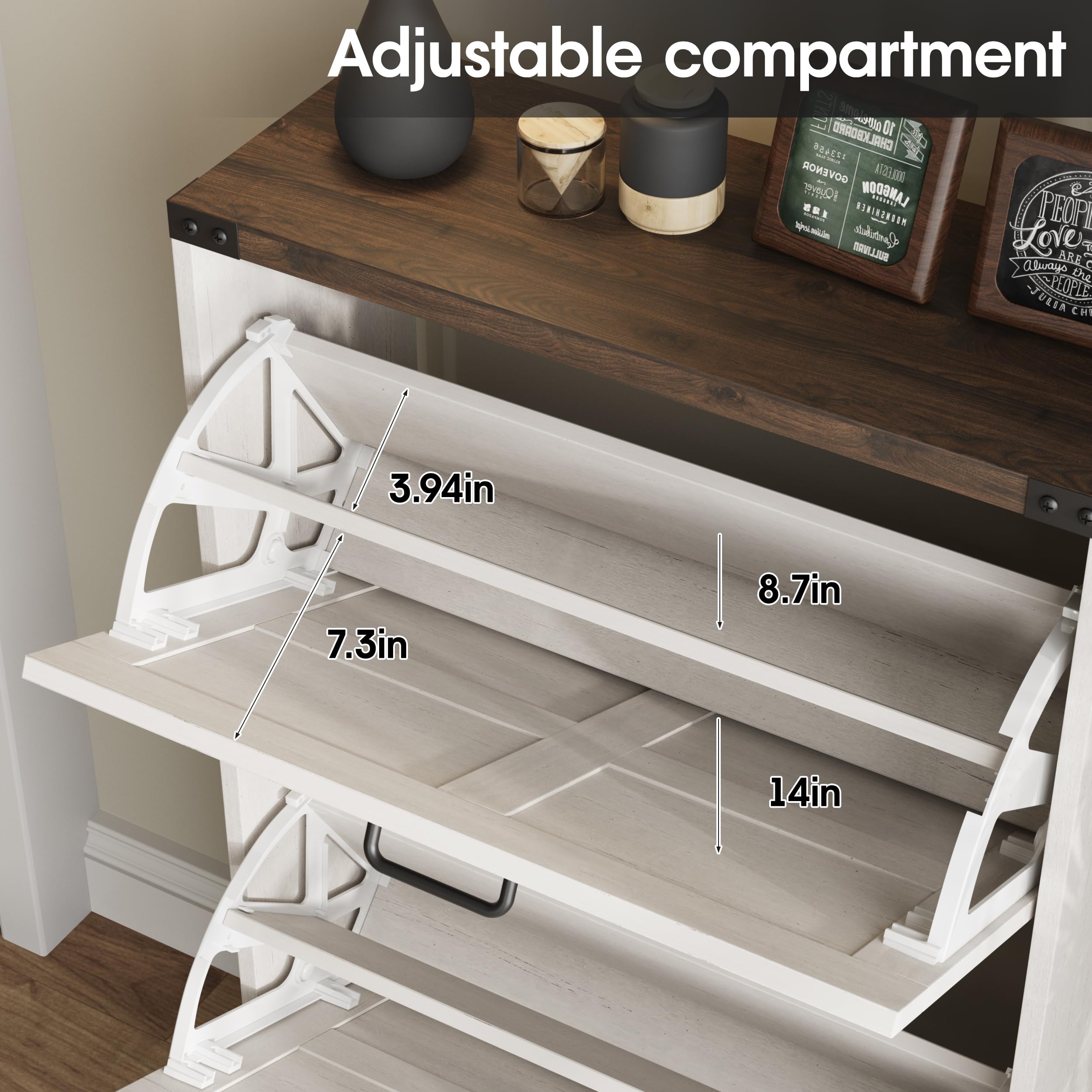 Farmhouse Style Slim Shoe Storage Cabinet with 2 Flip Drawers - Narrow Entryway Shoe Rack Organizer for Hidden Shoes - White - Perfect for Small Spaces, Apartments & Closet Organization