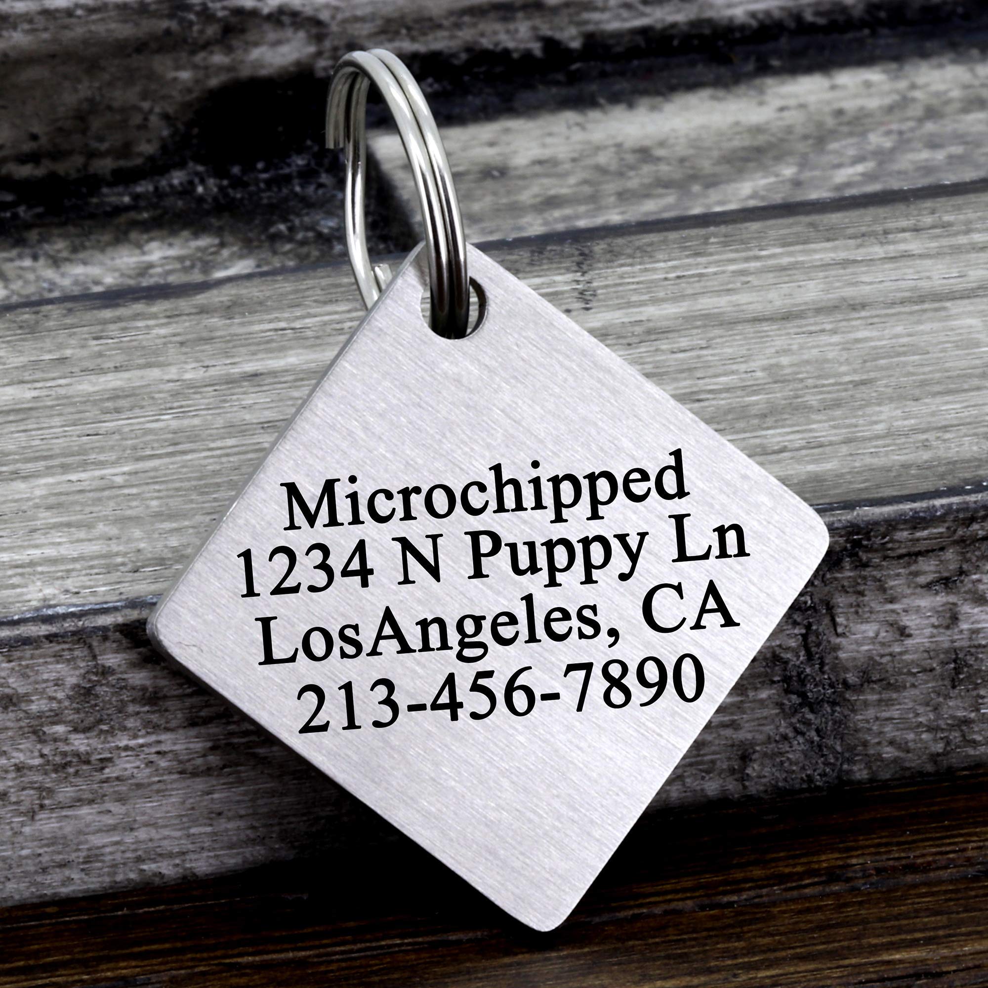 Custom Engraved Stainless Steel Dog ID Tag - Personalized Pet Name Tag with Diamond Design for Small Medium Large Dogs - Durable Brushed Silver Metal Collar Tag for Daily Walks, Travel & Safety Identification