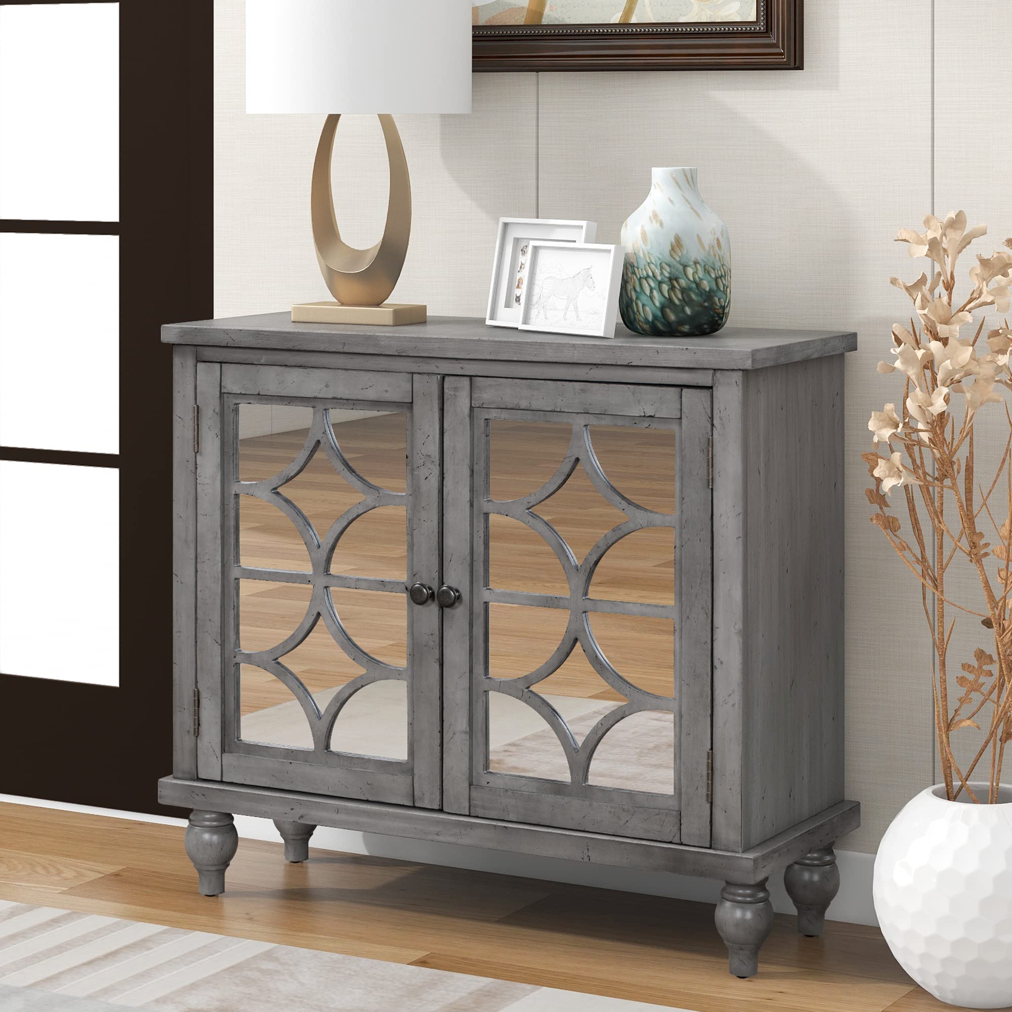 Vintage Wood Sideboard Storage Cabinet with Mirrored Doors & Adjustable Shelves - Dark Grey Freestanding Accent Cabinet for Entryway, Kitchen, Dining Room | Perfect for Home Decor, Storage Solution & Display Space