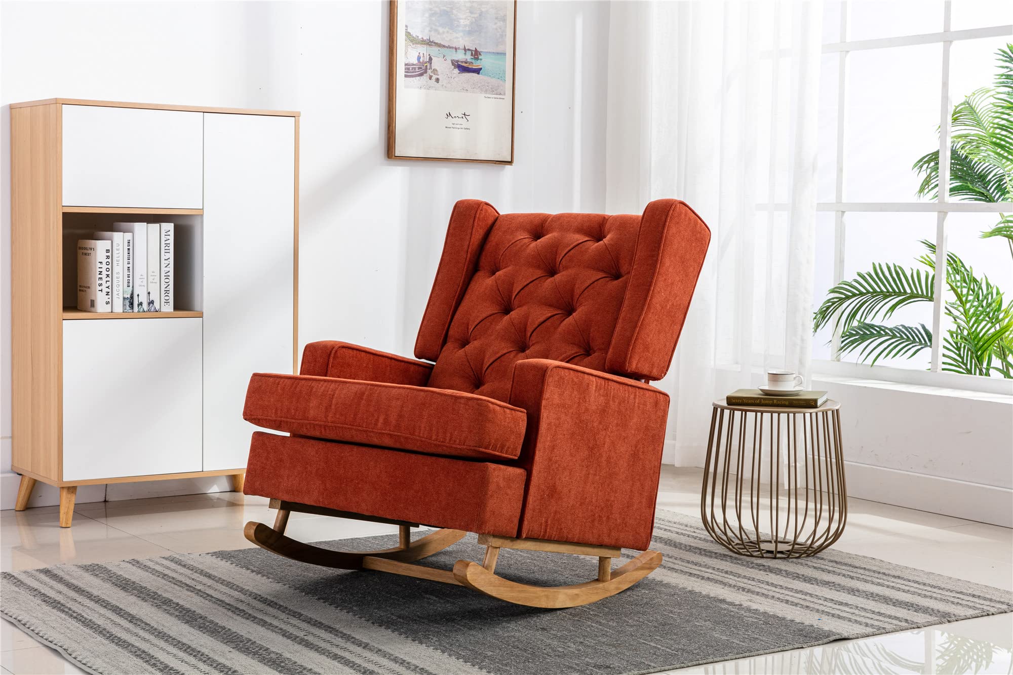 SSLine Upholstered Solid Wood Rocking Chair - Mid-Century Modern Comfortable Nursery Glider Rocker for Living Room, Bedroom & Office - Perfect for Relaxing, Nursing & Reading (Orange)