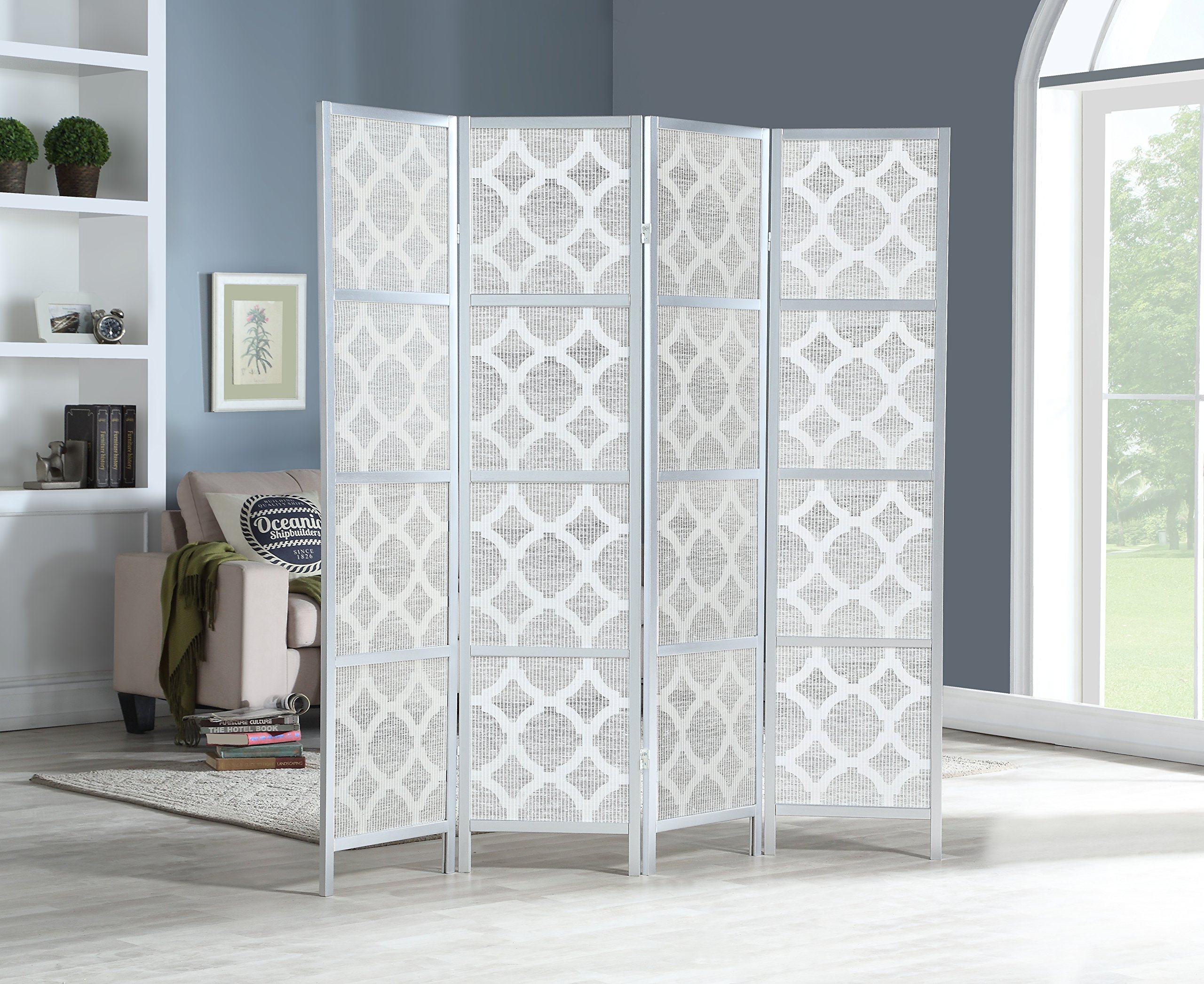 Roundhill Furniture Quarterfoil Diamond Design 4-Panel Room Divider Screen in Silver - Perfect for Home Office, Living Room & Bedroom Privacy Partition