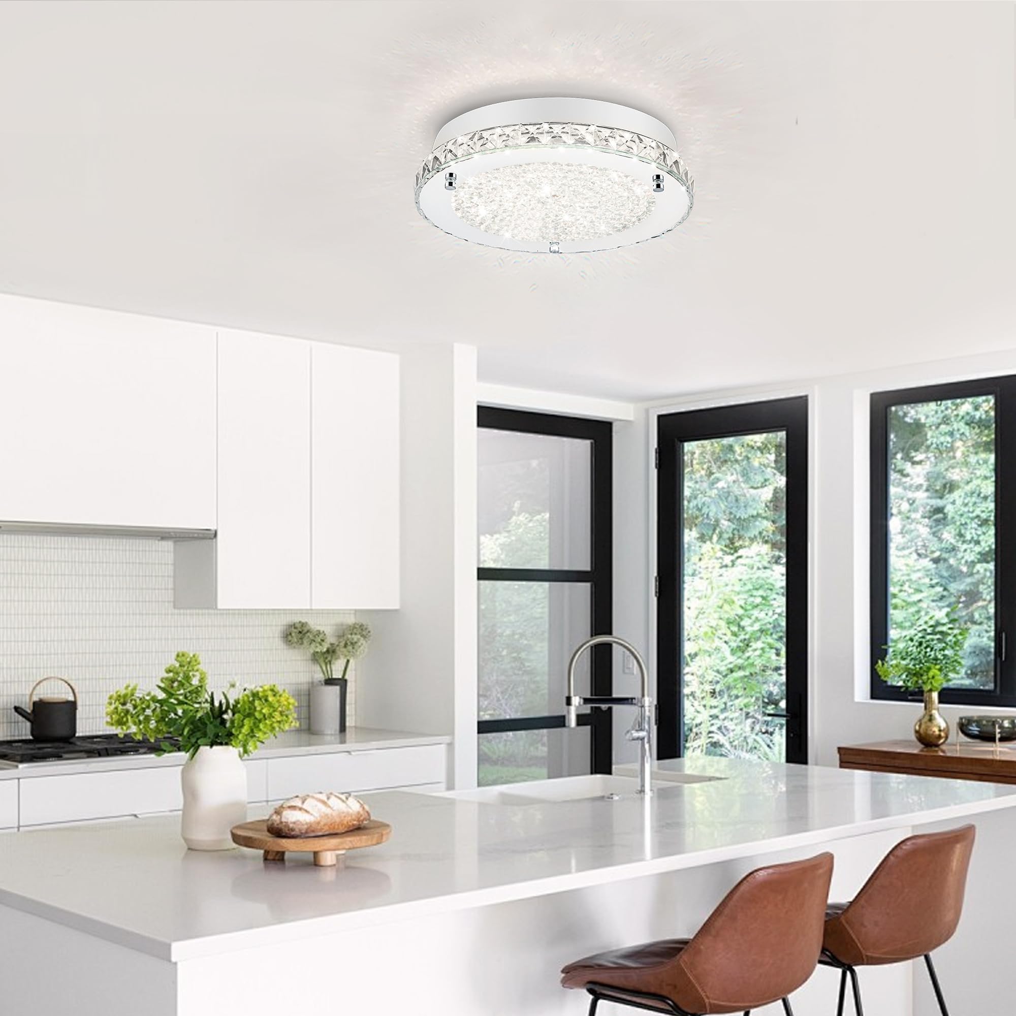Dimmable Crystal LED Ceiling Light Fixture - 24W 4000K Daylight Flush Mount for Kitchen, Bedroom, Bathroom & Living Room | Elegant Lighting for Hallways & Home Decor