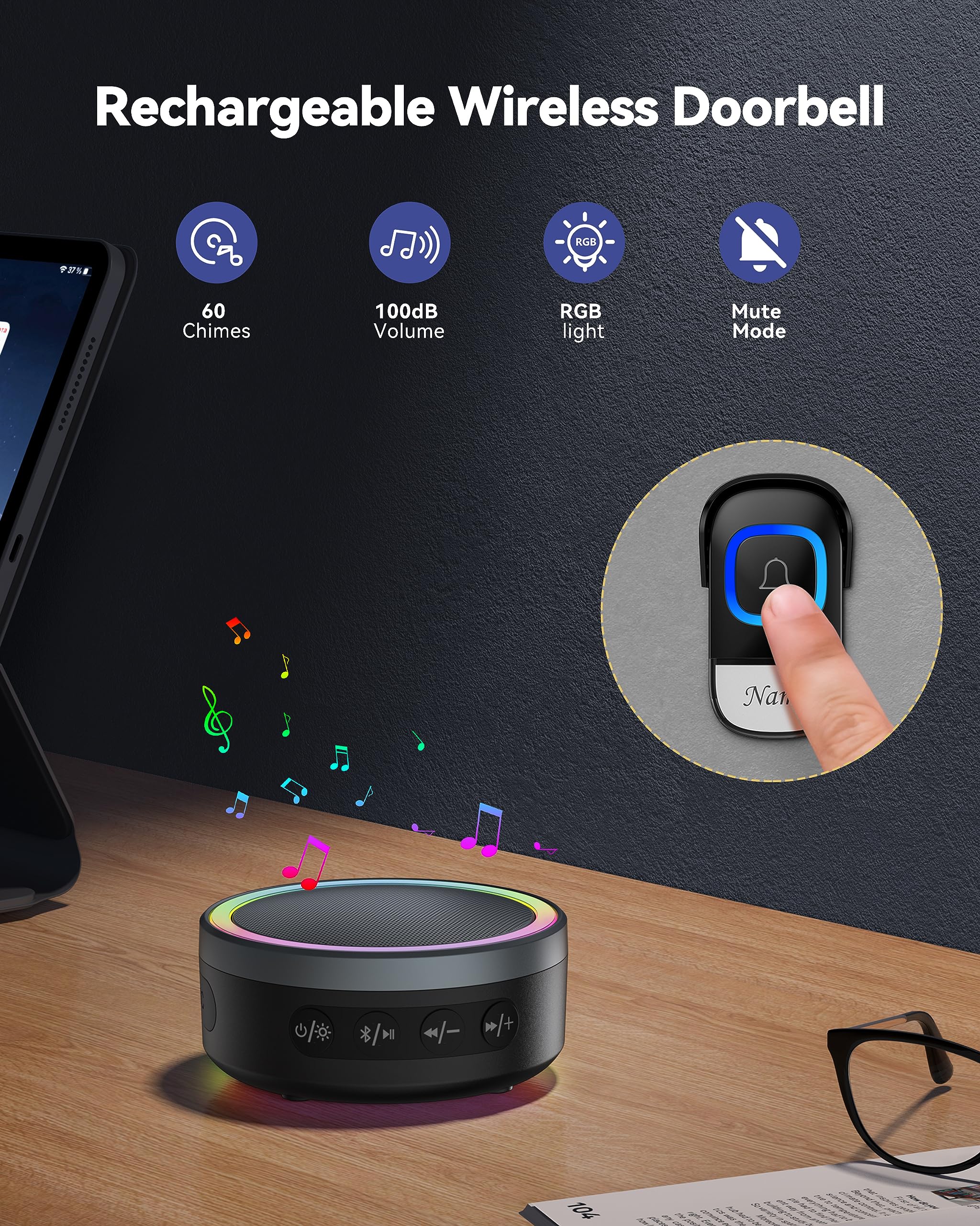 TECKNET 2-in-1 Wireless Doorbell with Bluetooth Speaker - Portable RGB Light Doorbell, IP66 Waterproof, 0-100dB Adjustable Volume, Stereo Sound - Perfect for Home Security, Outdoor Parties & Smart Home Integration