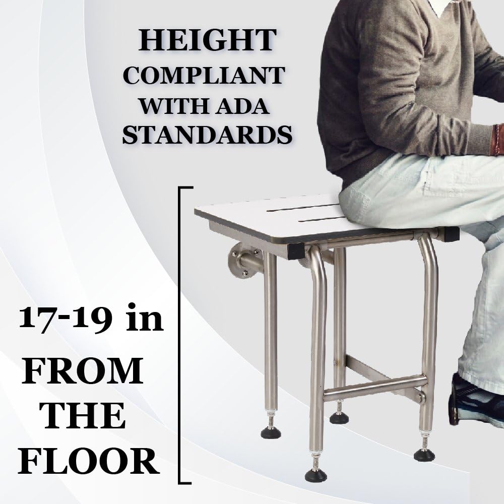 **Heavy Duty ADA Shower Chair with Legs - 400lbs Capacity, 304 Stainless Steel Frame - Folding Shower Seat for Elderly & Disabled (18”x16”) - Wall Mounted or Freestanding - Ideal for Bathroom Safety & Accessibility**    *(Use Case: Perfect for seniors, disabled individuals, or post-surgery recovery, providing secure seating in showers, bathtubs, or wet rooms.)*