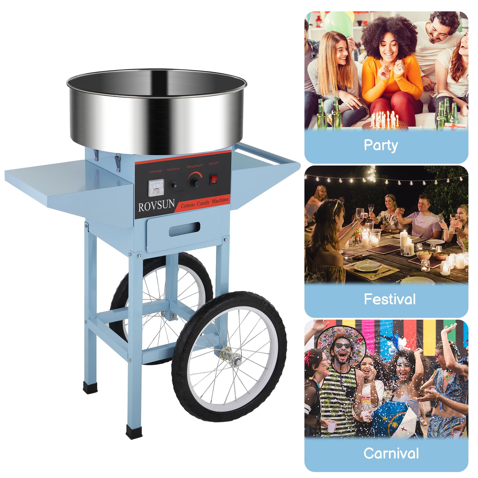 ROVSUN 21 Inch Commercial Cotton Candy Machine Cart with Stainless Steel Bowl - Candy Floss Maker with Sugar Scoop & Large Storage Drawer - Perfect for Home Parties, Carnivals, Fairs & Events (Blue)