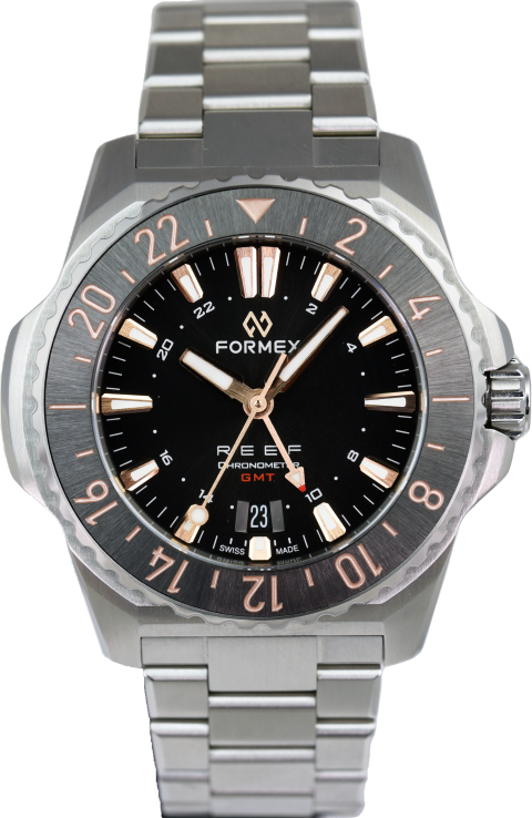 Pre-Owned Formex REEF GMT Watch - Black & Gold Ceramic Bezel, Stainless Steel Case | Luxury Dive Watch for Travelers & Watch Collectors