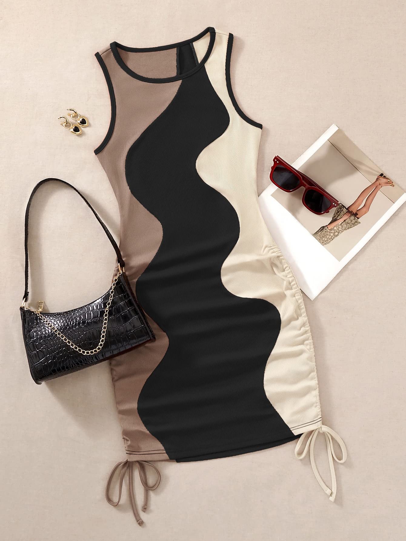 WMHHN Women's Summer Color Block Bodycon Tank Dress - Drawstring Side Maxi Dress for Beach, Party & Vacation (Black, Size Large) | Flattering Slim Fit & Comfortable Stretchy Fabric