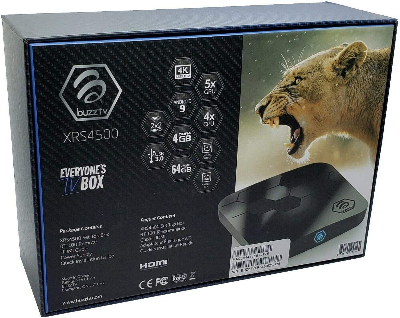 BuzzTV XRS4500 MAX Android 9 Smart TV Box - 4K Ultra HD Streaming Media Player with 4GB RAM & 64GB Storage - Perfect for Netflix, Hulu, YouTube & Home Entertainment (Brand New)