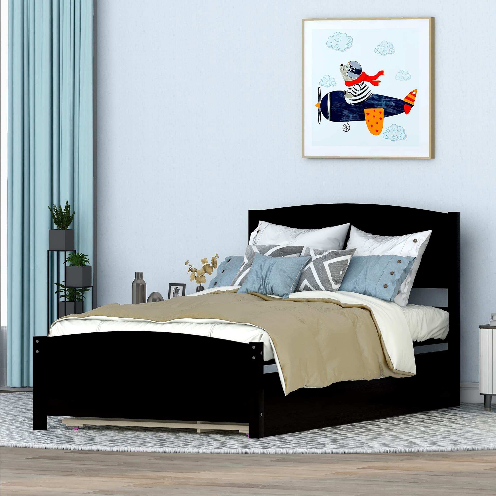 MERITLINE Twin Size Bed with Trundle - Kids Platform Twin Bed Frame with Pull Out Trundle in Espresso Finish - Perfect for Small Spaces, Guest Rooms & Kids' Bedrooms